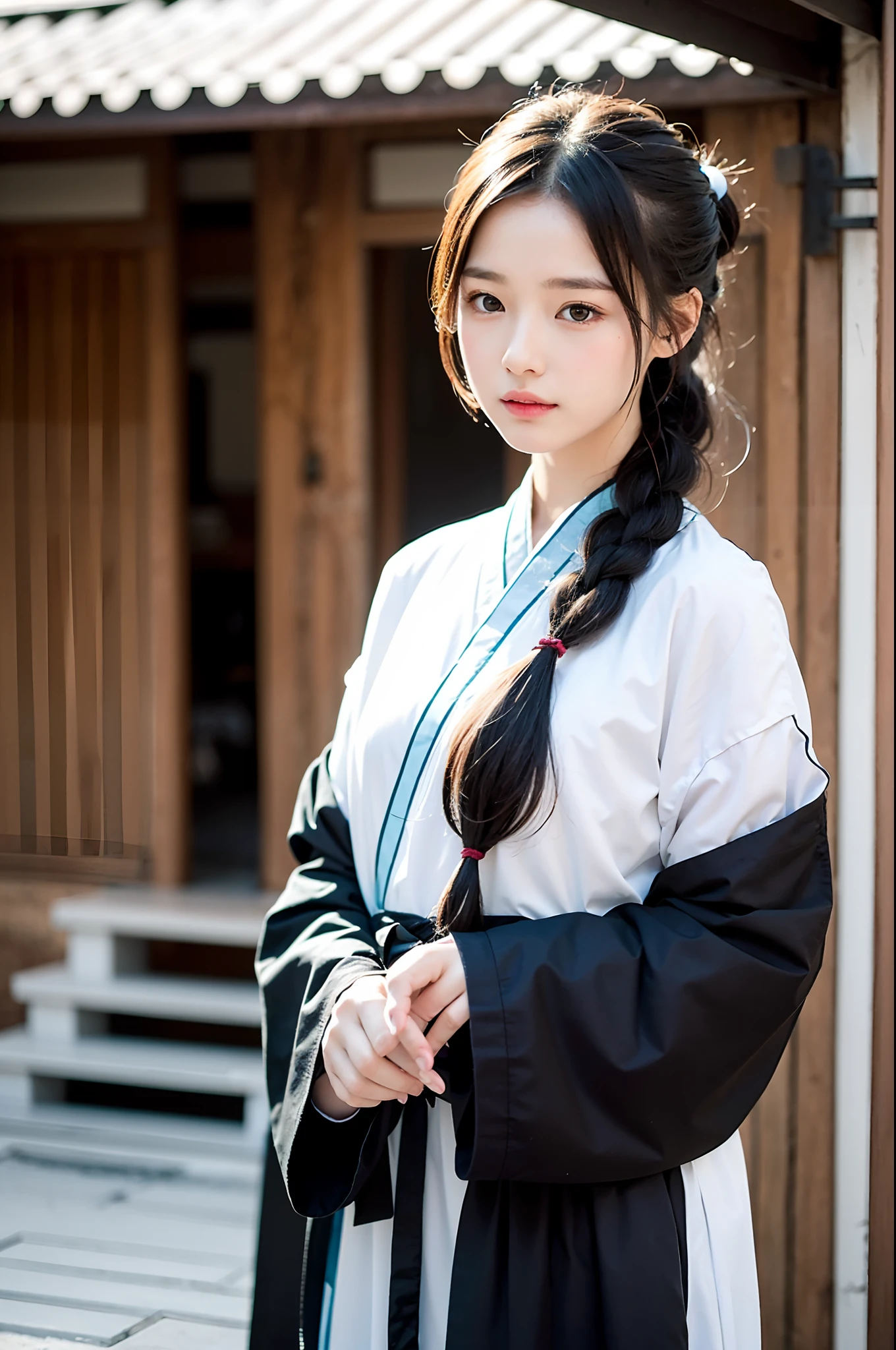 ((1girl in)),((building)), Braided bangs,braided ponytails,(Solo:1.2), Balck Hair, ,Looking at Viewer, Sunlight,Hanfu, Chenkiang-hsien,
