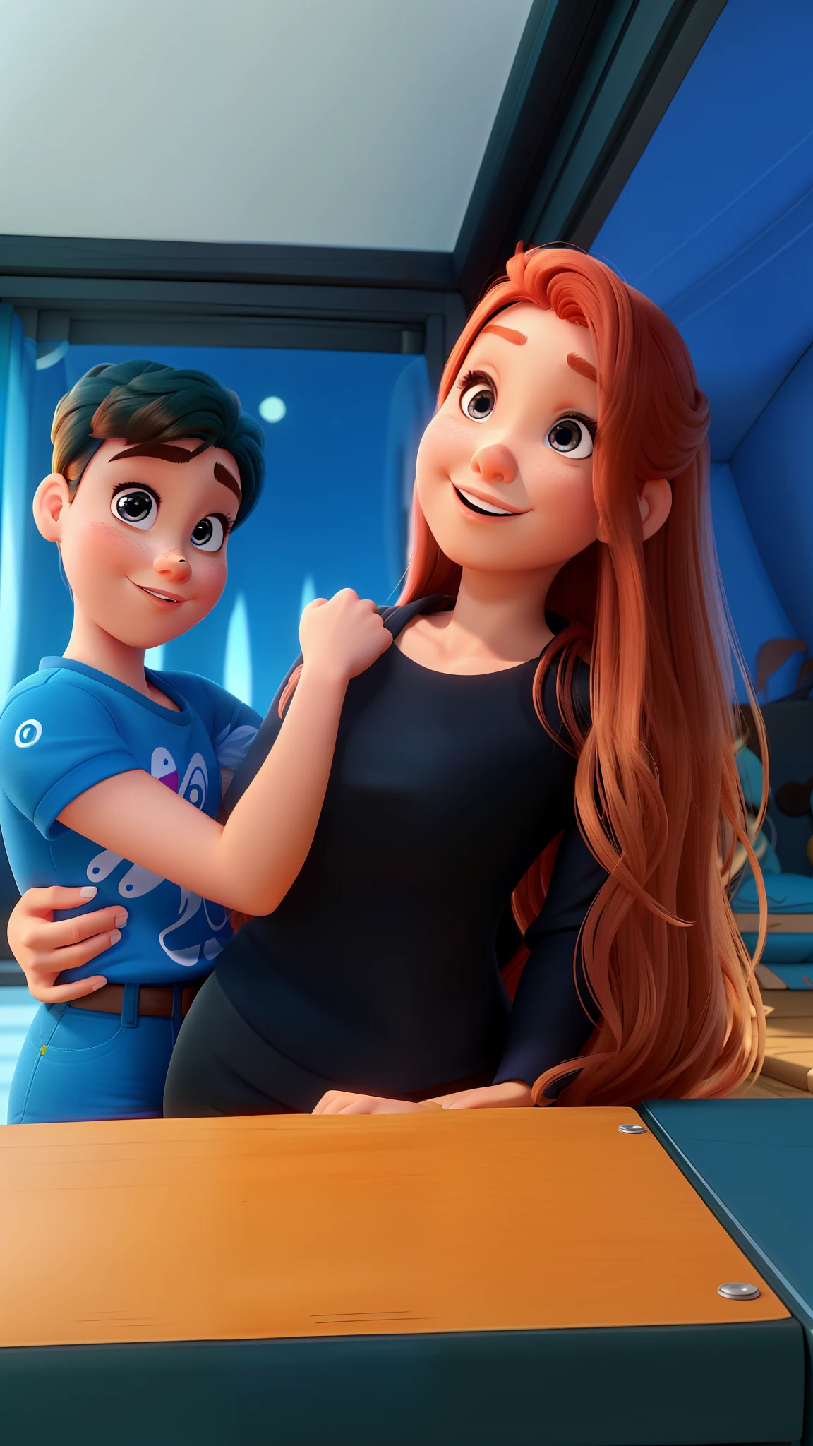 Uma mulher ruiva olhos castanhos e um menino olhos castanhos estilo Disney Pixar alta qualidade melhor qualidade
