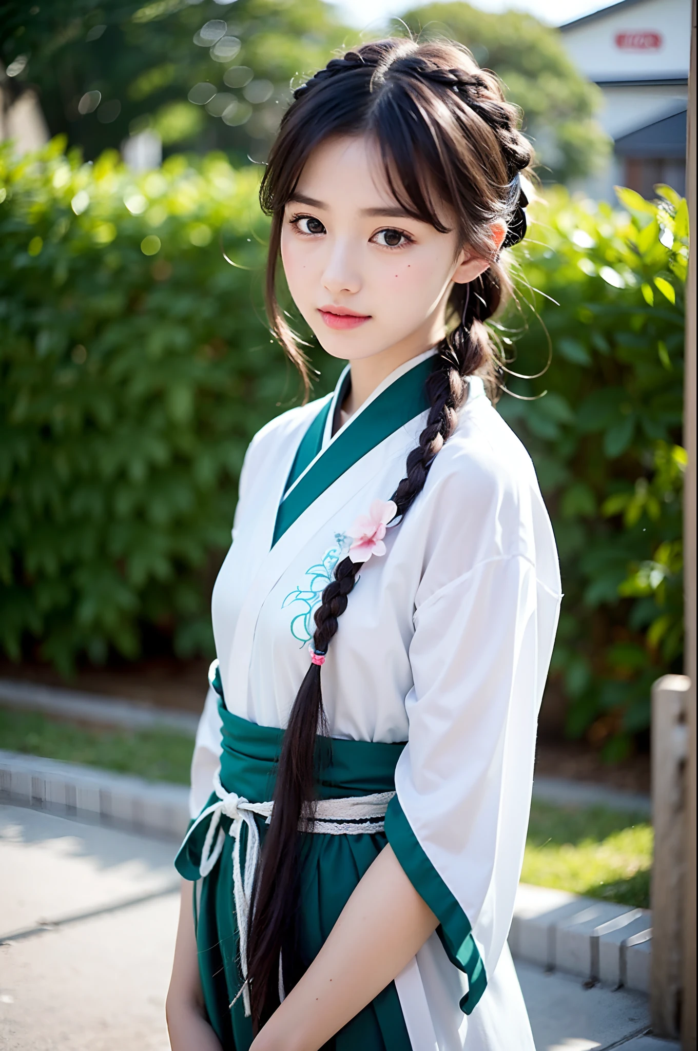 ((1girl in)),((building)), Braided bangs,braided ponytails,(Solo:1.2), Balck Hair, ,Looking at Viewer, Sunlight,Hanfu, Chenkiang-hsien,