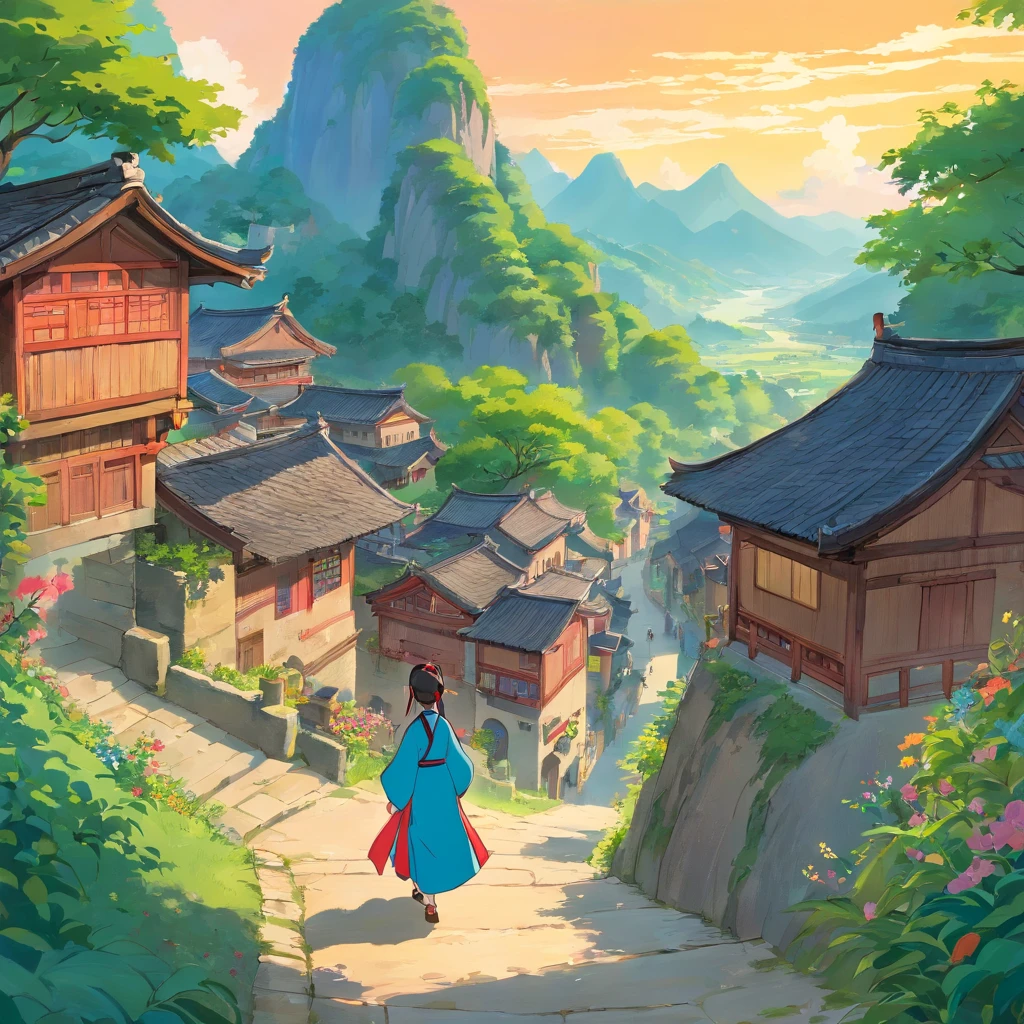 rural village background,The Zhuang people sing mountain songs,Guangxi Mountain,a color,Young person,Zhuang costumes