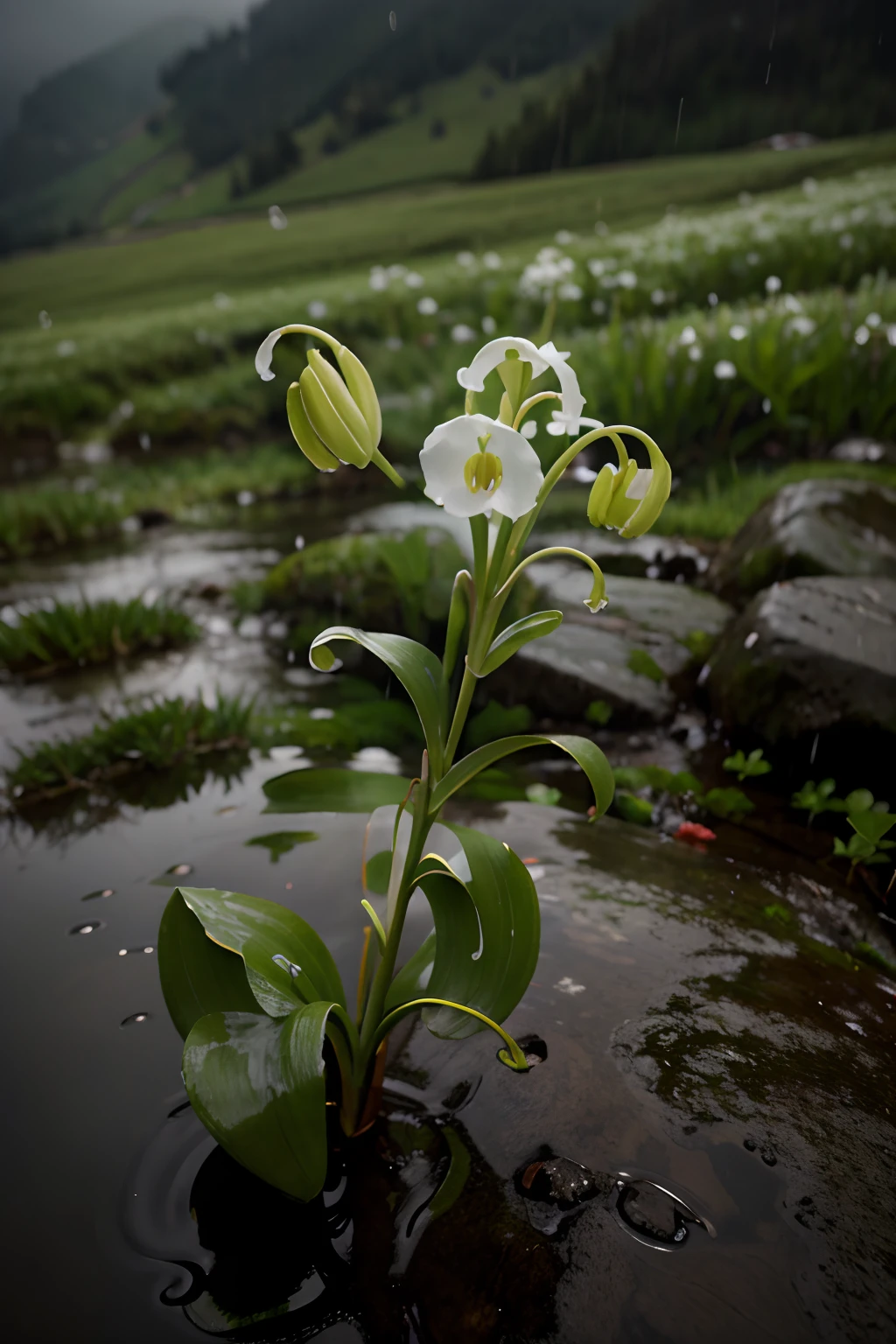 Lily of the valley on the mountain in the rain