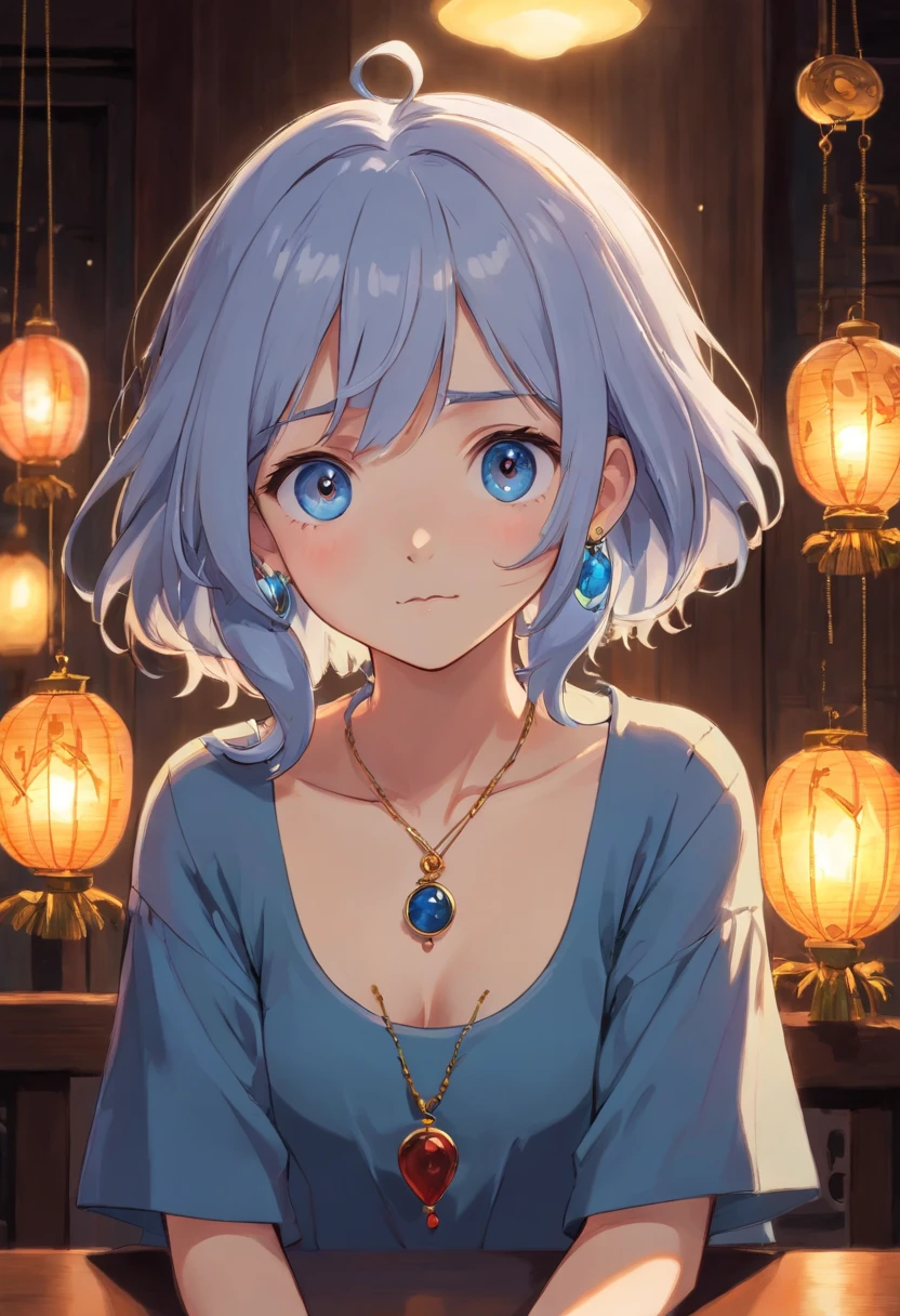 close up, 1girl, solo, [light grey hair:blue hair:0.2], jewelry, v, necklace, looking at viewer, black eyes, long hair, shirt, sitting, striped, indoors, earrings, high contrast, night, dark, (freckle:0.9)