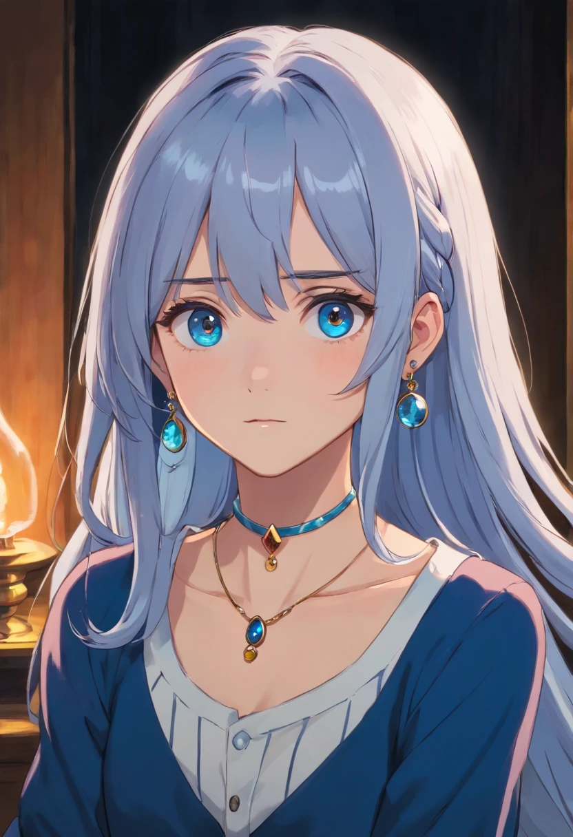 close up, 1girl, solo, [light grey hair:blue hair:0.2], jewelry, v, necklace, looking at viewer, black eyes, long hair, shirt, sitting, striped, indoors, earrings, high contrast, night, dark, (freckle:0.9)