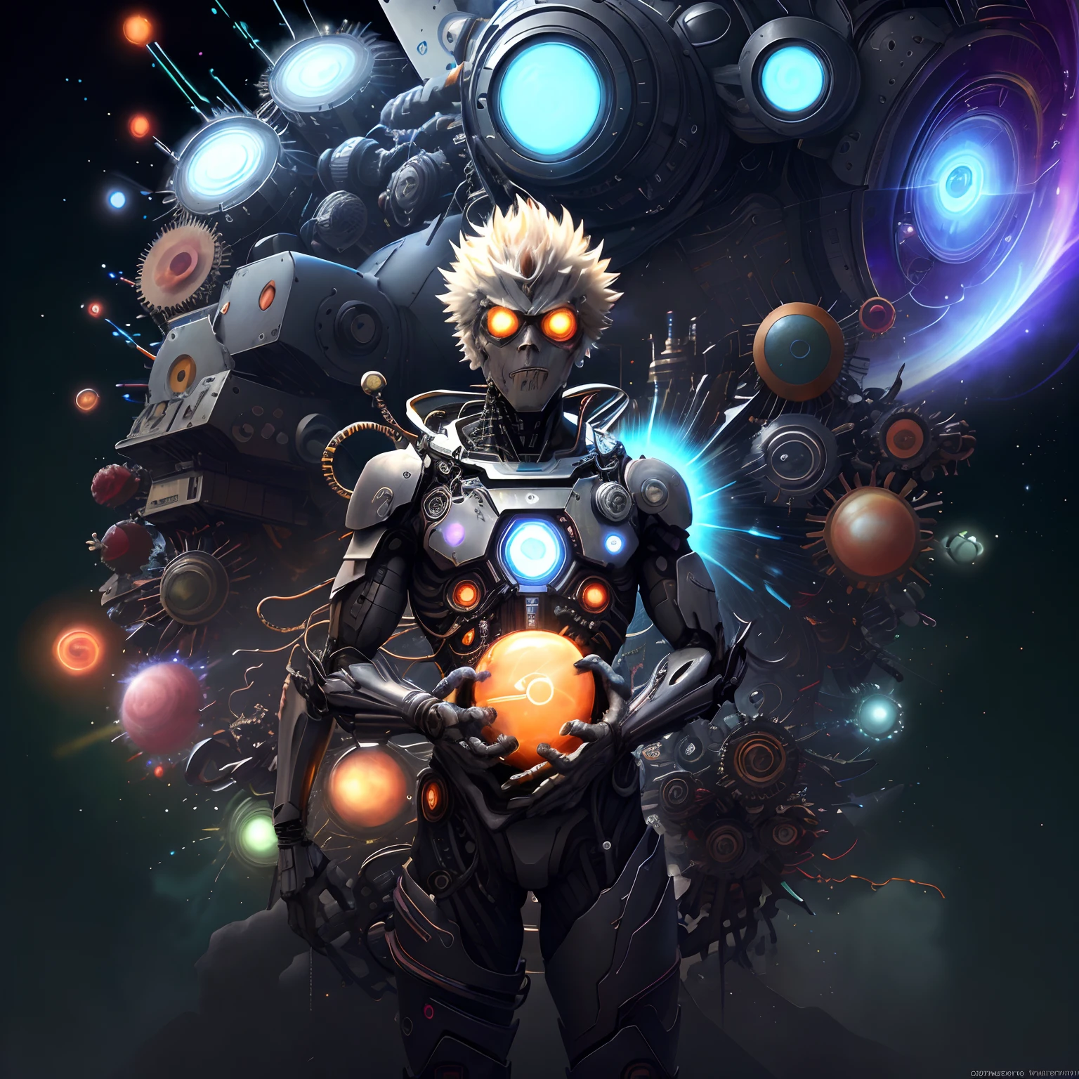 /imagine A lonely anime ""cyborg DEMONIAC Genos"" silhouette in a cyber-space world, multiple colored glowing pale neon motherboard circuit design lines in the cyberspace, Nuclear Proton Atomic,intricate detail in the explosions power background, cinematic, heart-touching, sorrowful, Eagle mistic-wrenched, center-aligned, little brush strokes use, little grainy, 8k