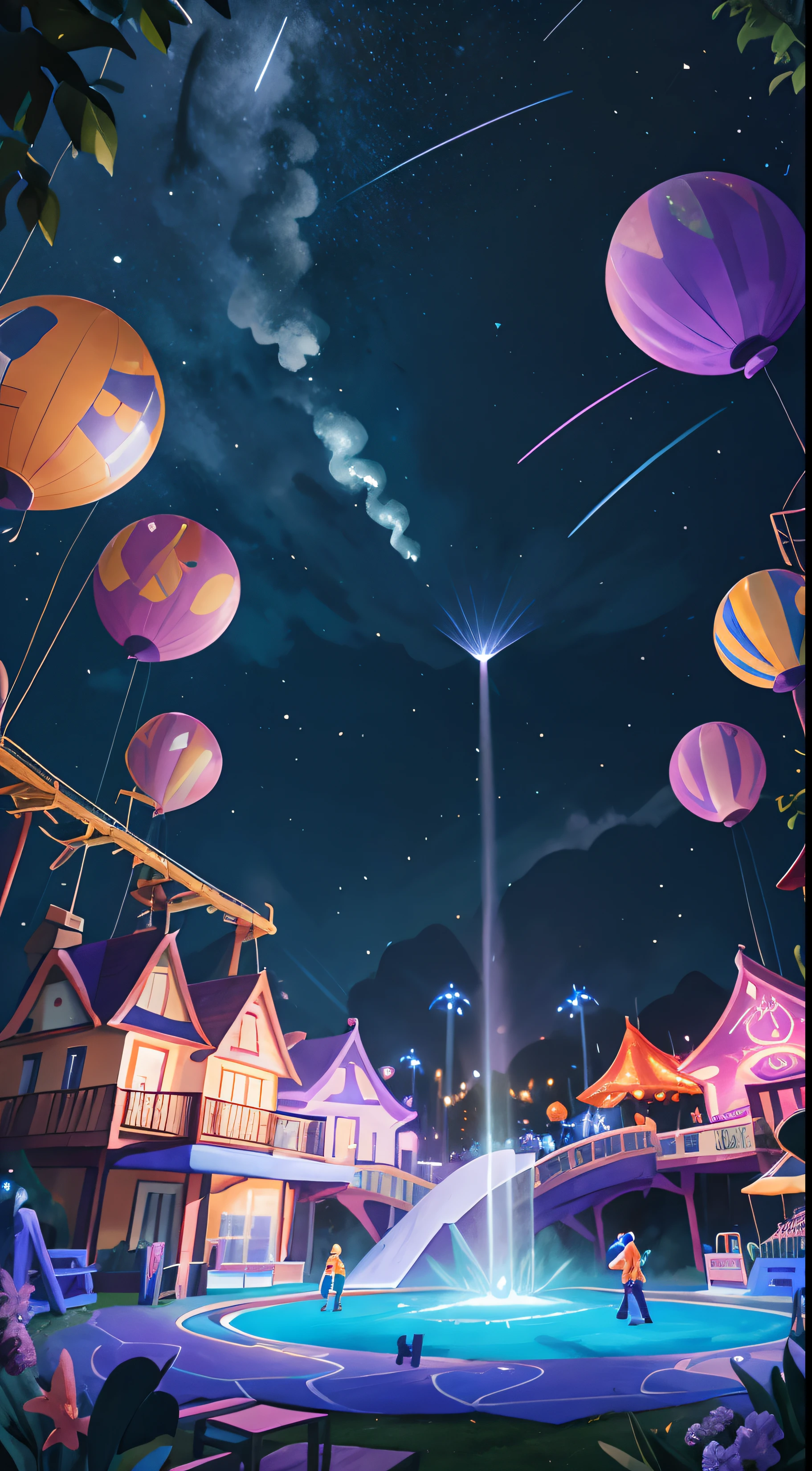 This is an illustration work，Under a blue-purple sky, there is an amusement park made up of painting tools，There are three astronauts all holding a shining star，The blue-purple canopy was filled with many meteors with huge colored trails，There are floating slides in the air，There are also large paints、paint brushes、balloons、Buble，The colors are very rich。There are a lot of shining stars