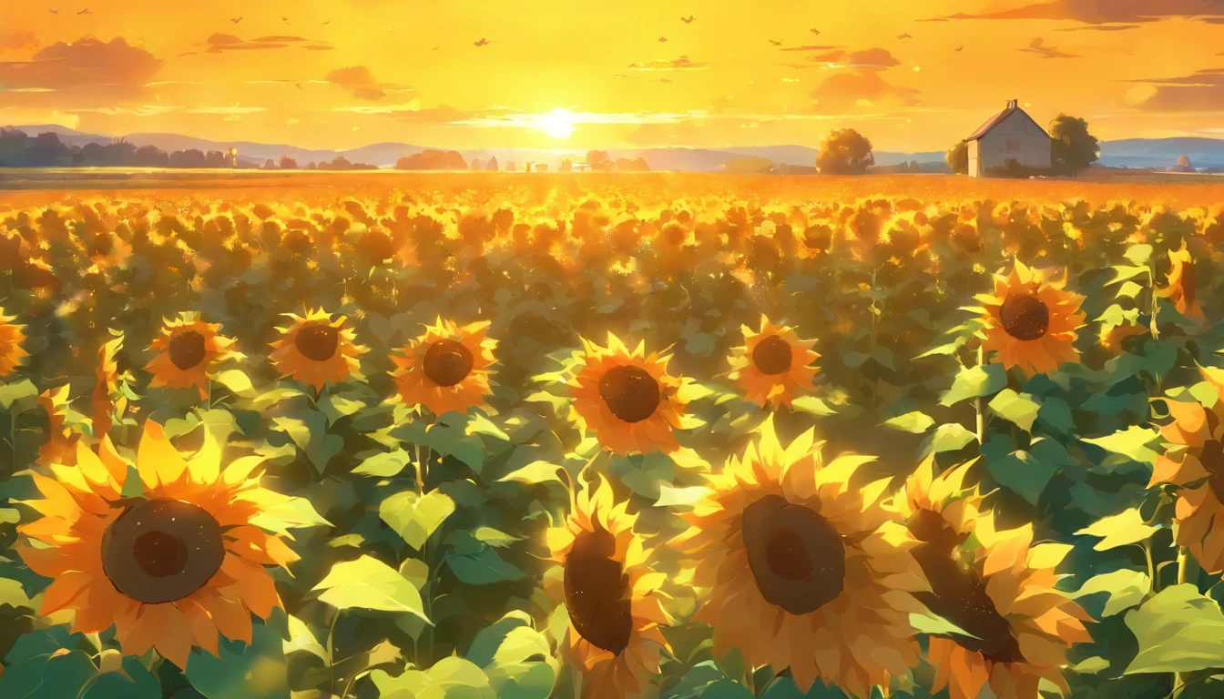 (sunflowers,field,sunny day,beautifully lit,highres,realistic:1.37),vibrant colors,peaceful scenery,nature bliss,serene atmosphere,botanical paradise,fresh air,blooming flowers,gentle breeze,happy vibes,joyful sight,delicate petals,tall stalks,dense plantation,picturesque landscape,abundant plantation,harmonious composition,petal patterns,detailed leaves,golden hues,green foliage,blue sky,fluffy clouds,soft sunlight,epic view,farmland,agricultural beauty,scenic beauty,patchwork of flowers,harvest season,bees and butterflies,majestic spectacle,natural beauty,tranquil haven,summer vibes,captivating scenery