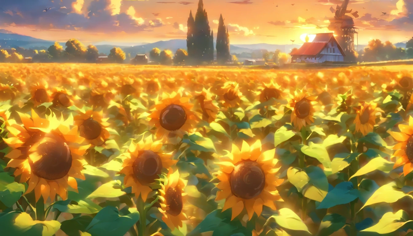 (sunflowers,field,sunny day,beautifully lit,highres,realistic:1.37),vibrant colors,peaceful scenery,nature bliss,serene atmosphere,botanical paradise,fresh air,blooming flowers,gentle breeze,happy vibes,joyful sight,delicate petals,tall stalks,dense plantation,picturesque landscape,abundant plantation,harmonious composition,petal patterns,detailed leaves,golden hues,green foliage,blue sky,fluffy clouds,soft sunlight,epic view,farmland,agricultural beauty,scenic beauty,patchwork of flowers,harvest season,bees and butterflies,majestic spectacle,natural beauty,tranquil haven,summer vibes,captivating scenery