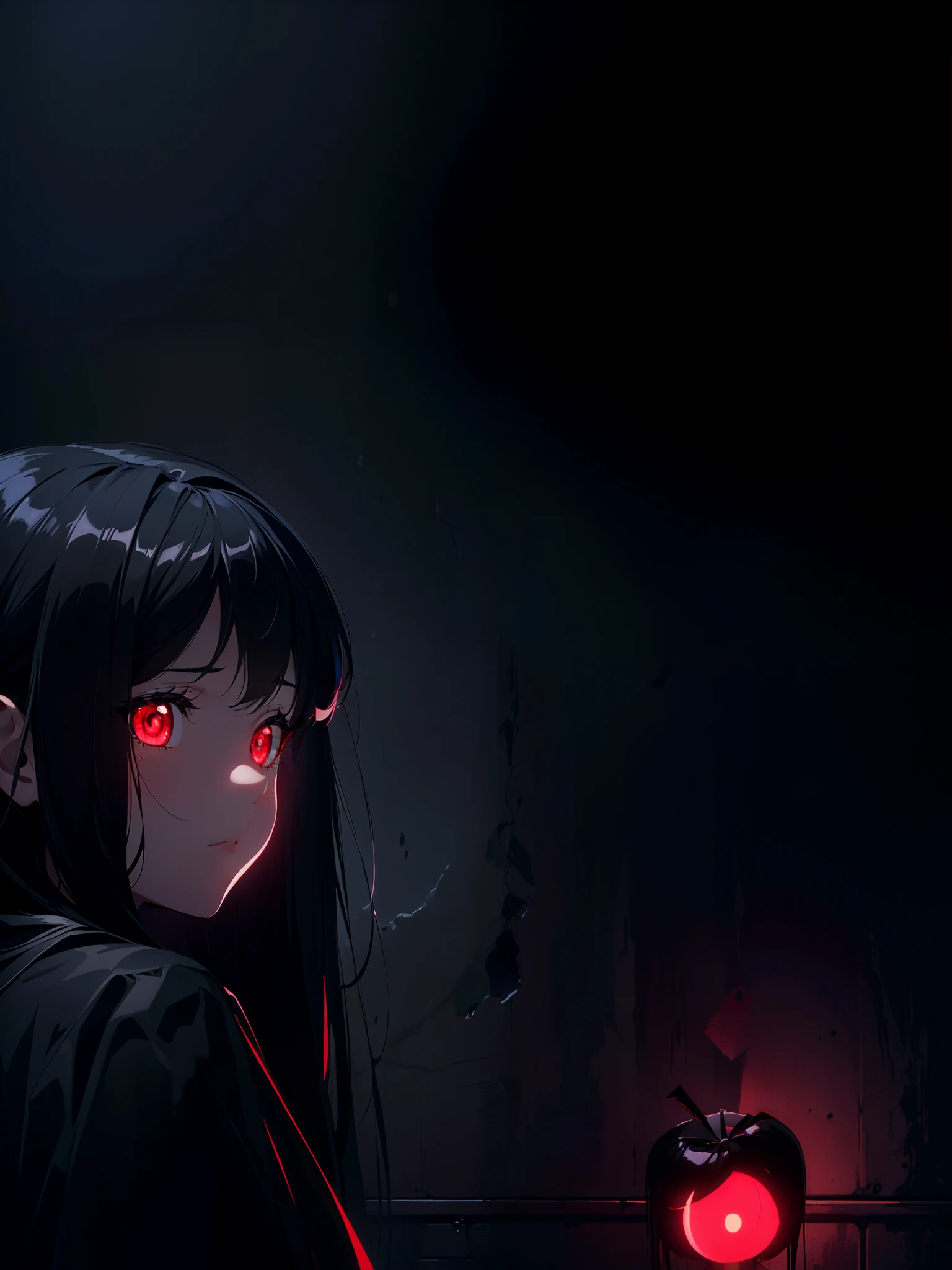 1 loli girl ,(cinematic angle) , from side ,( Faintly emerge from the darkness), (holding apple) , (rape face) ,black long straight hair, hair ribbon , red eyes,black dress, (glowing eyes), background bloody tree, red lighting, horror ,((masterpiece)), ((best quality)), ((ultra-detailed)), (illustration), ((an extremely delicate and beautiful))