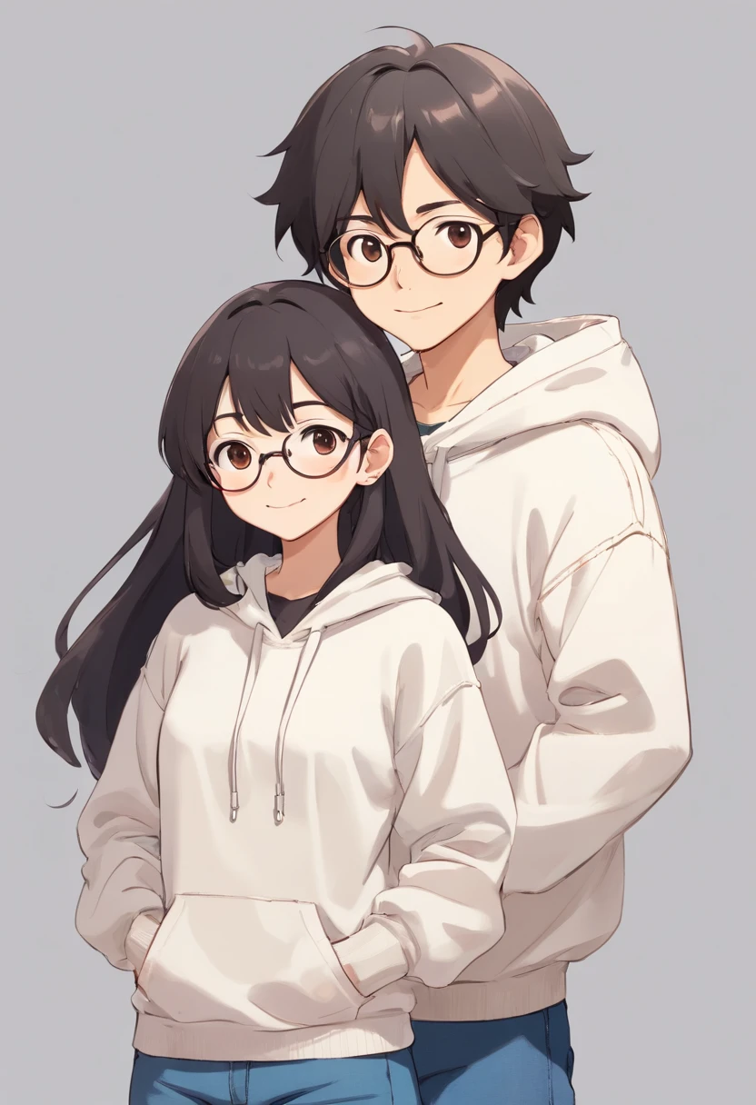 Draw couple, boy should have his arm around the waist of girl. They should look like - Boy: Height: 5'8" Skin Color: Slightly tanned Facial Hair: Faded beard and mustache, visible but not prominent Hair Color and Style: Black hair with a Sun Kissed Quiff hairstyle in Indian style Clothing: Long-sleeved shirt and jeans Girl: Height: 5'2" Hair Color and Style: Black, shoulder-length straight hair, parted in the middle Accessories: Glasses Clothing: Hoodie and jeans. Simple black plan hoodie. White background. Both smiling