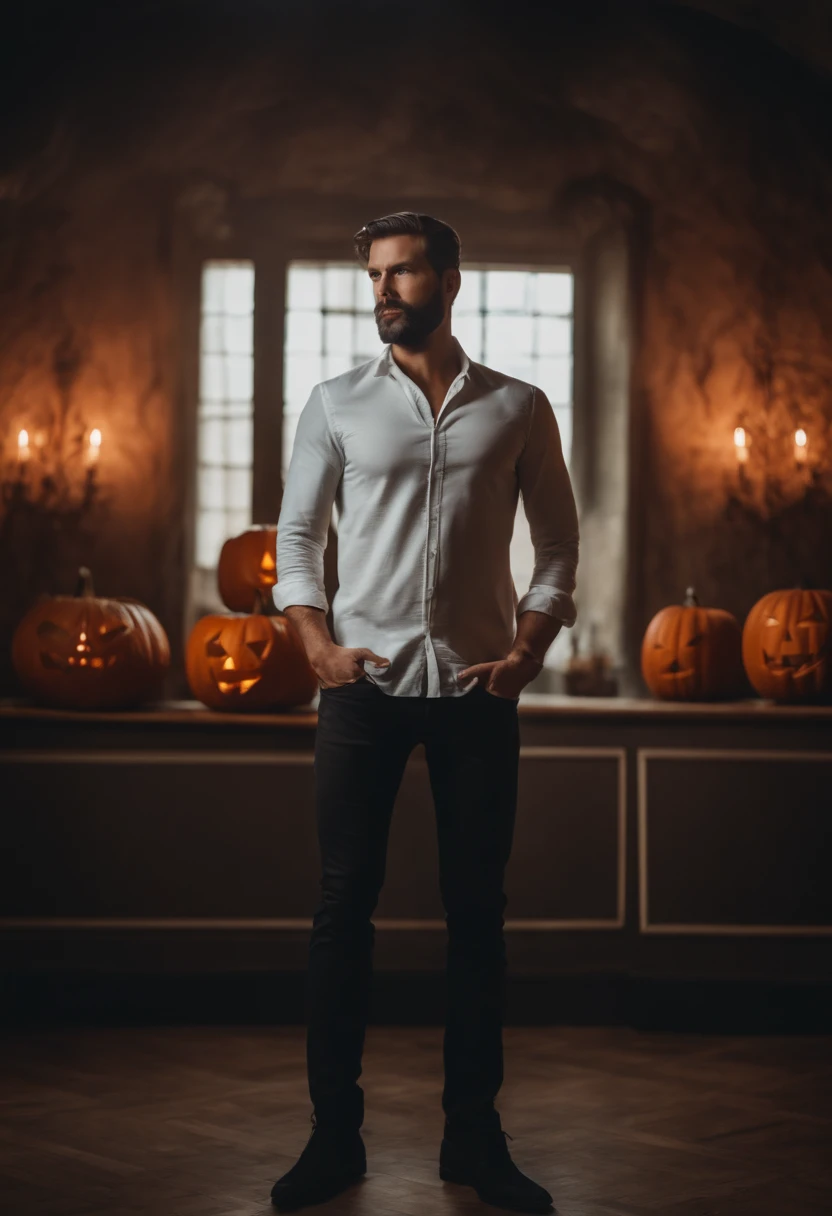 handsome man with halloween background, from head to waist