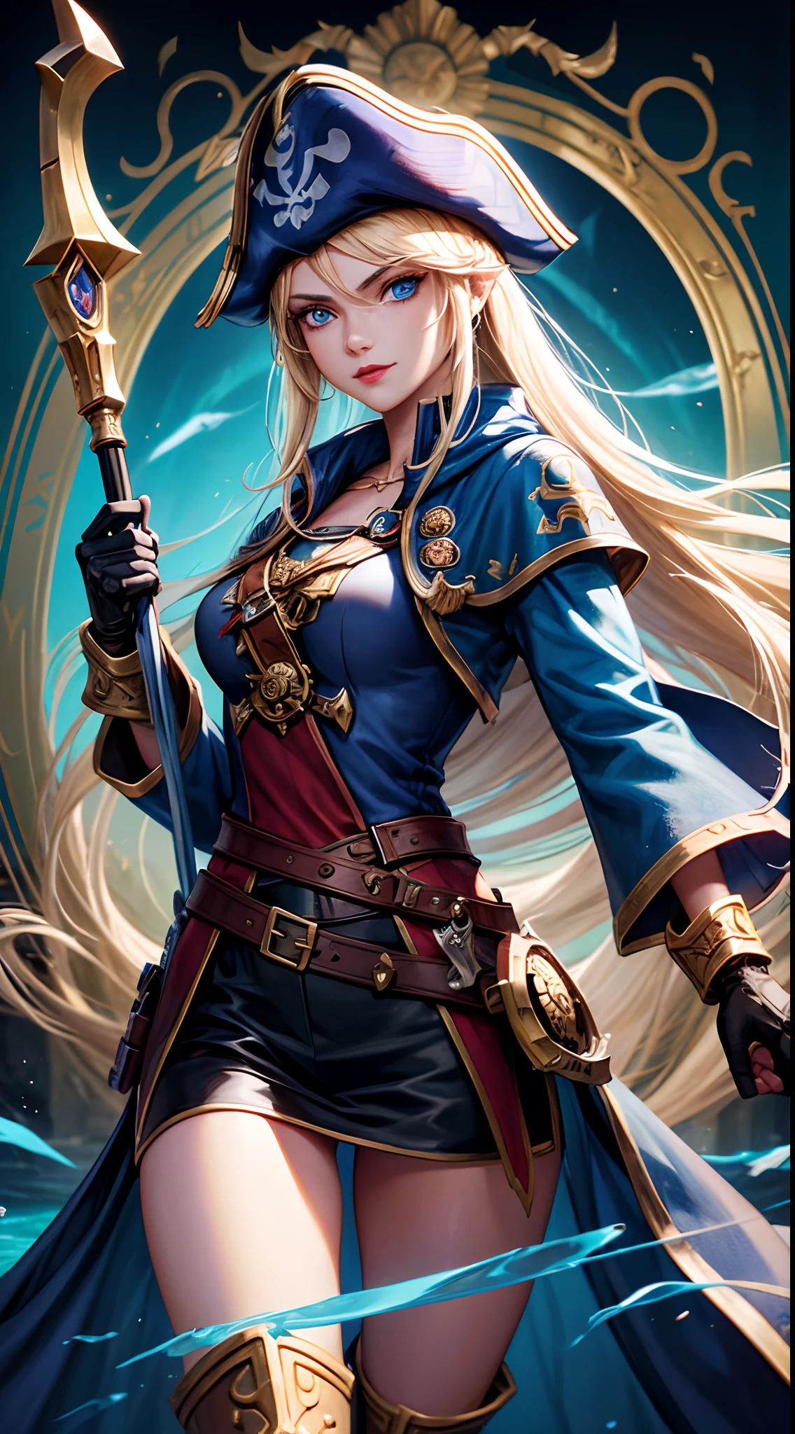a girl with water teleport staff, Blonde Long hair, Blue eye, red lips, Blue archmage rope with pirate detailed, blue mage cloak, Black pants, Wearing mage book, Front of The Lion Castle Theme, high detailed, eye detailed, hand detailed, leg detailed, weapon detail, body detailed, Full HD, HD, Face detailed, Holding a pirate pistol gun on left hand, Happy face, Warcraft Art Style.