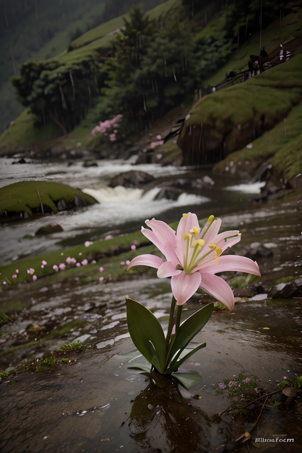 Pink Lily of the valley on the mountain in the rain