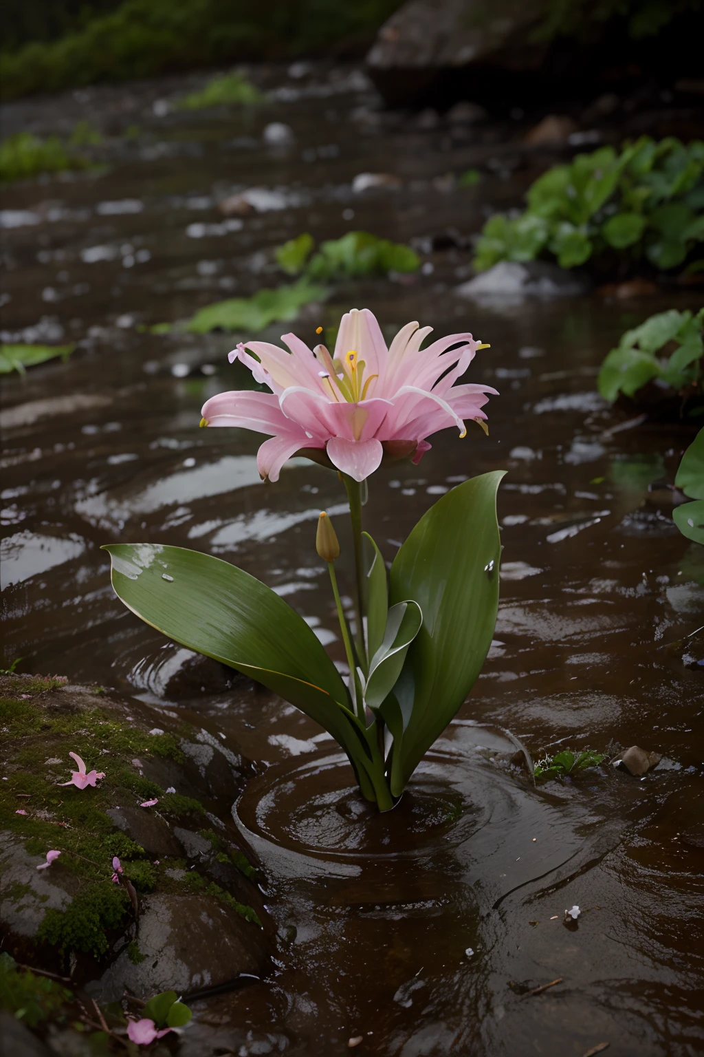 Pink Lily of the valley on the mountain in the rain