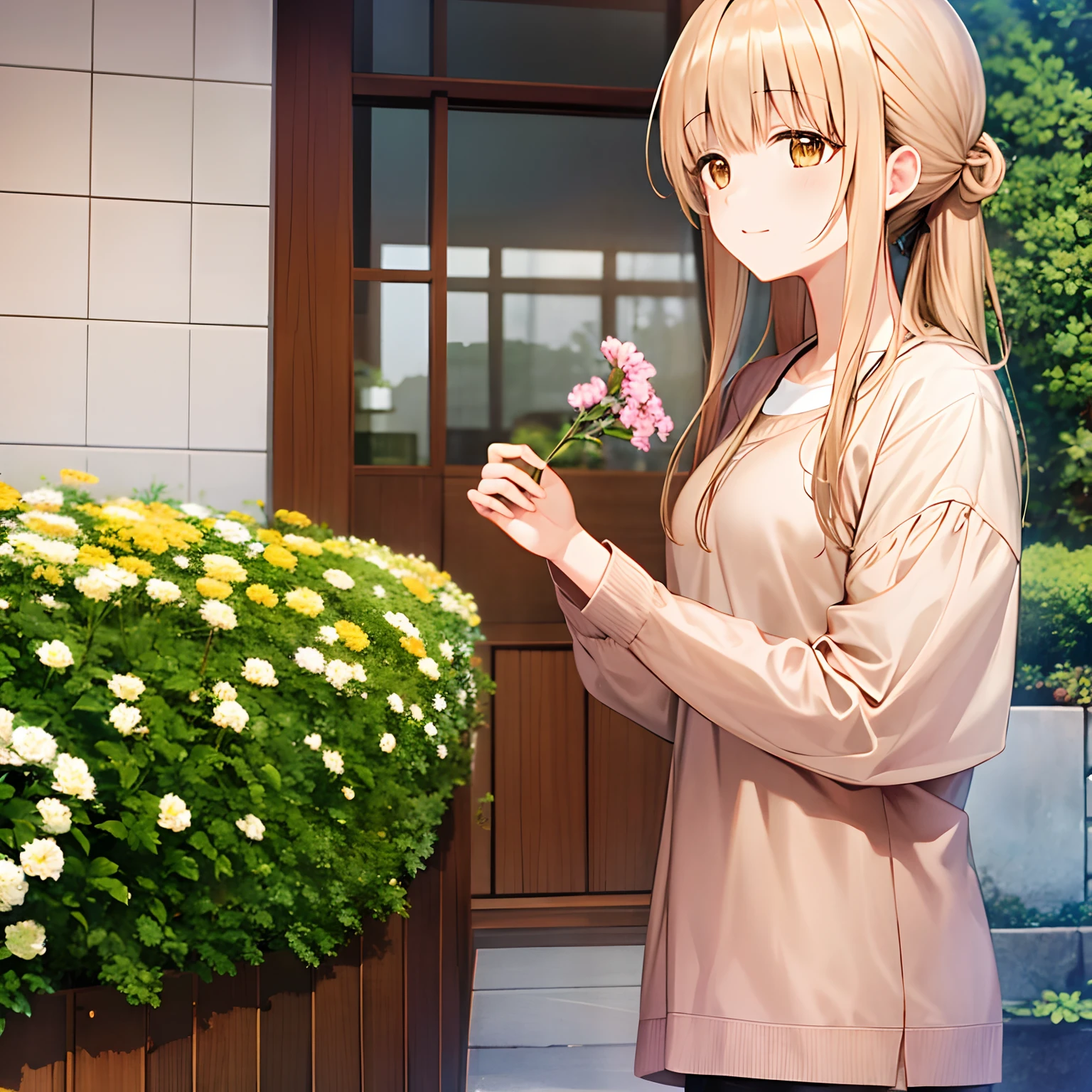 Shiina mahiru, casual clothes, holding flower,