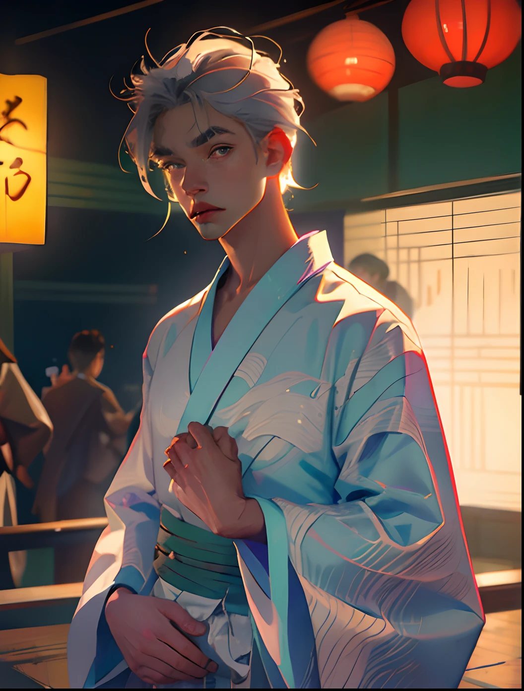 Young gray-haired man in yukata