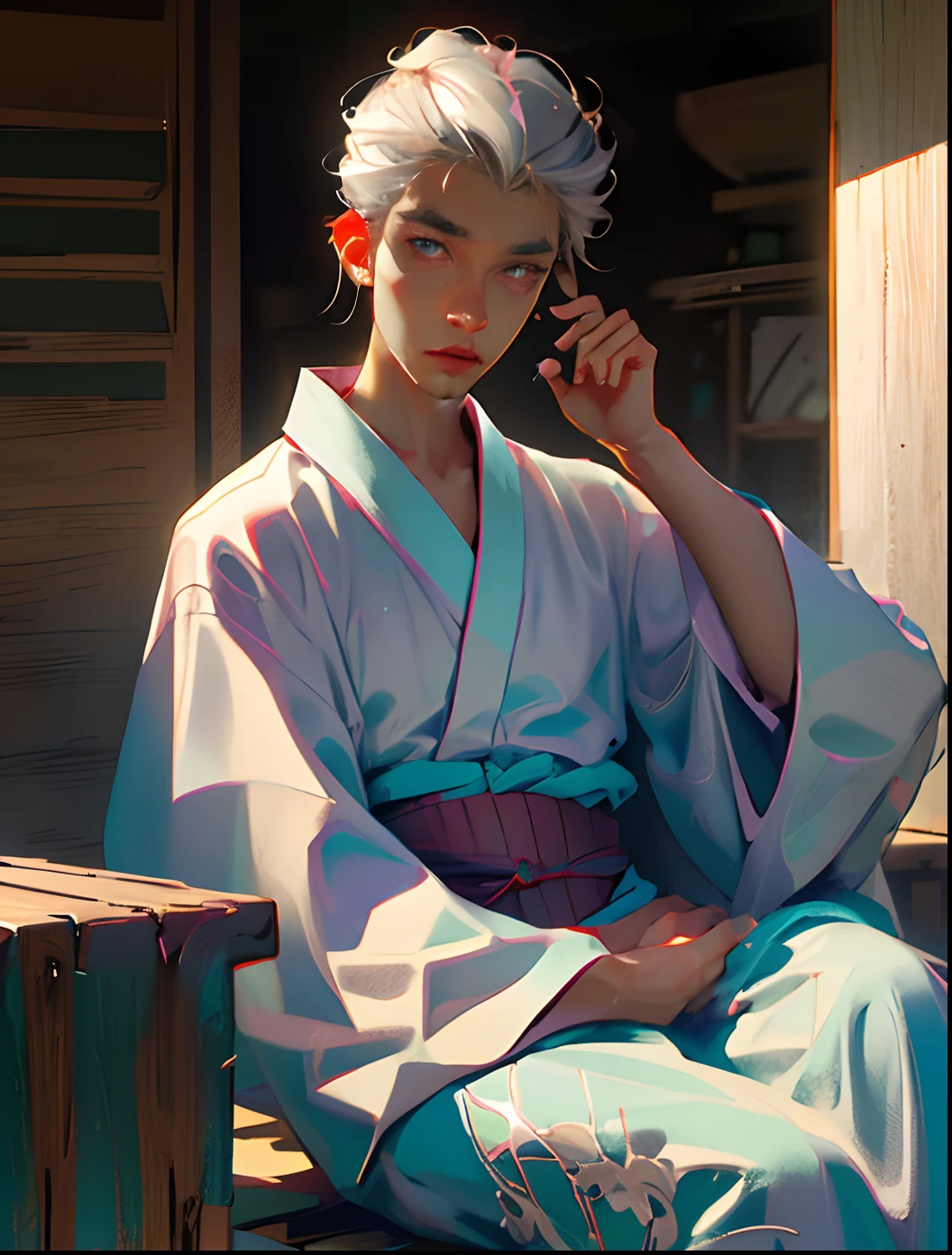 Young gray-haired man in yukata