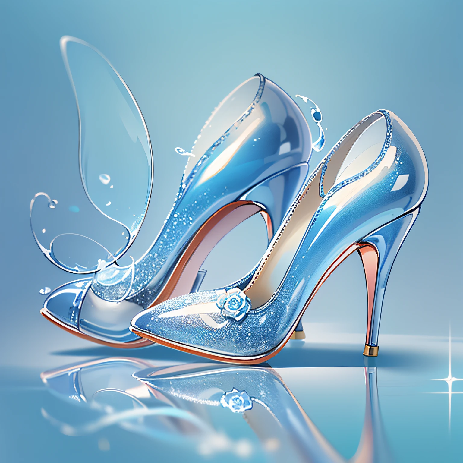 A pair of high heels,without humans,(Top resolution:1.5), (Top image quality:1.5), Close-up of a pair of shoes on a shiny surface, slightly holographic, fairy tale style background, made in adobe illustrator, Magical items, holograph, illustration!, (Blue and white high heels:1.7), Transparent heels。(The background is the seaside:1.6)