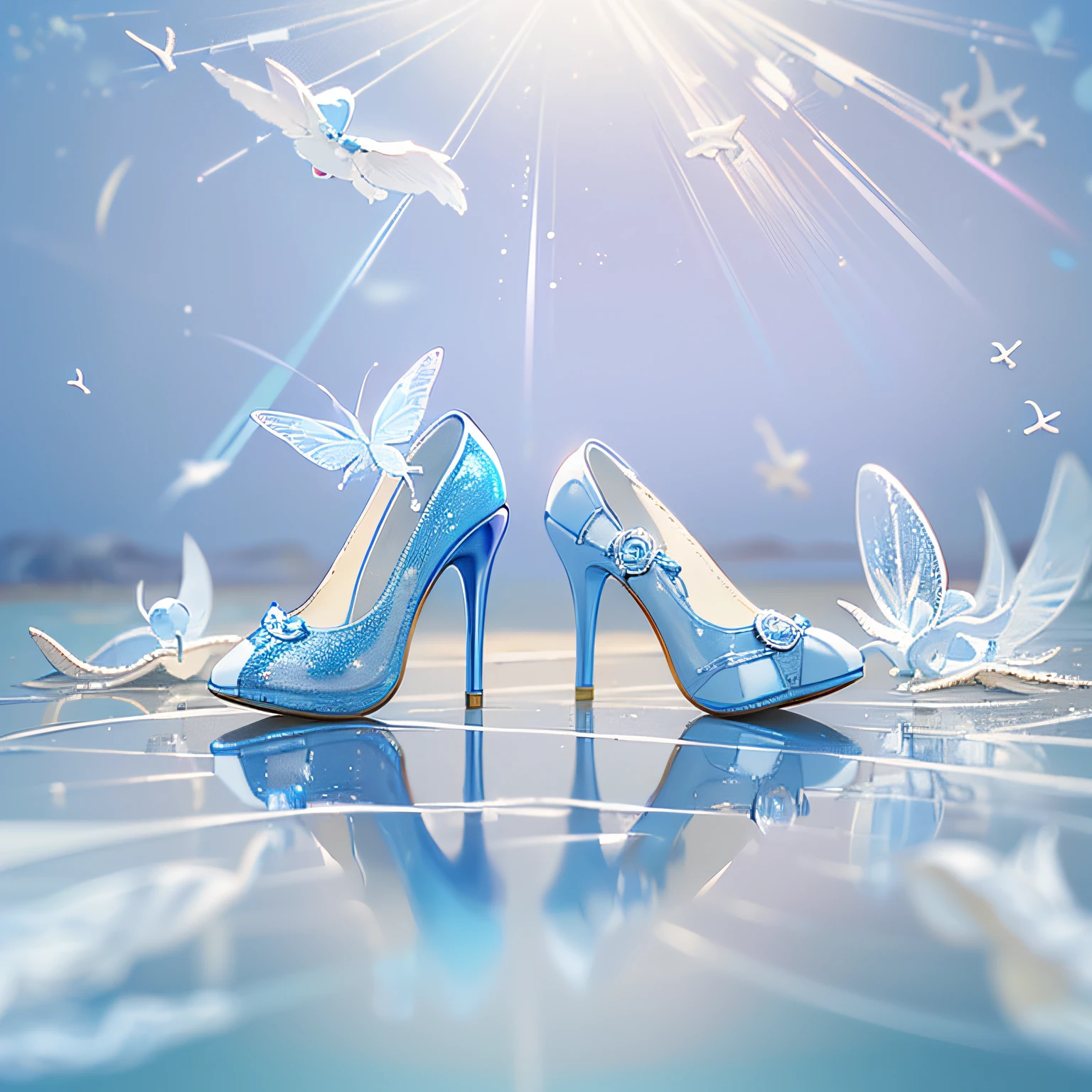A pair of high heels,without humans,(Top resolution:1.5), (Top image quality:1.5), Close-up of a pair of shoes on a shiny surface, slightly holographic, fairy tale style background, made in adobe illustrator, Magical items, holograph, illustration!, (Blue and white high heels:1.7), Transparent heels。(The background is the seaside:1.6)