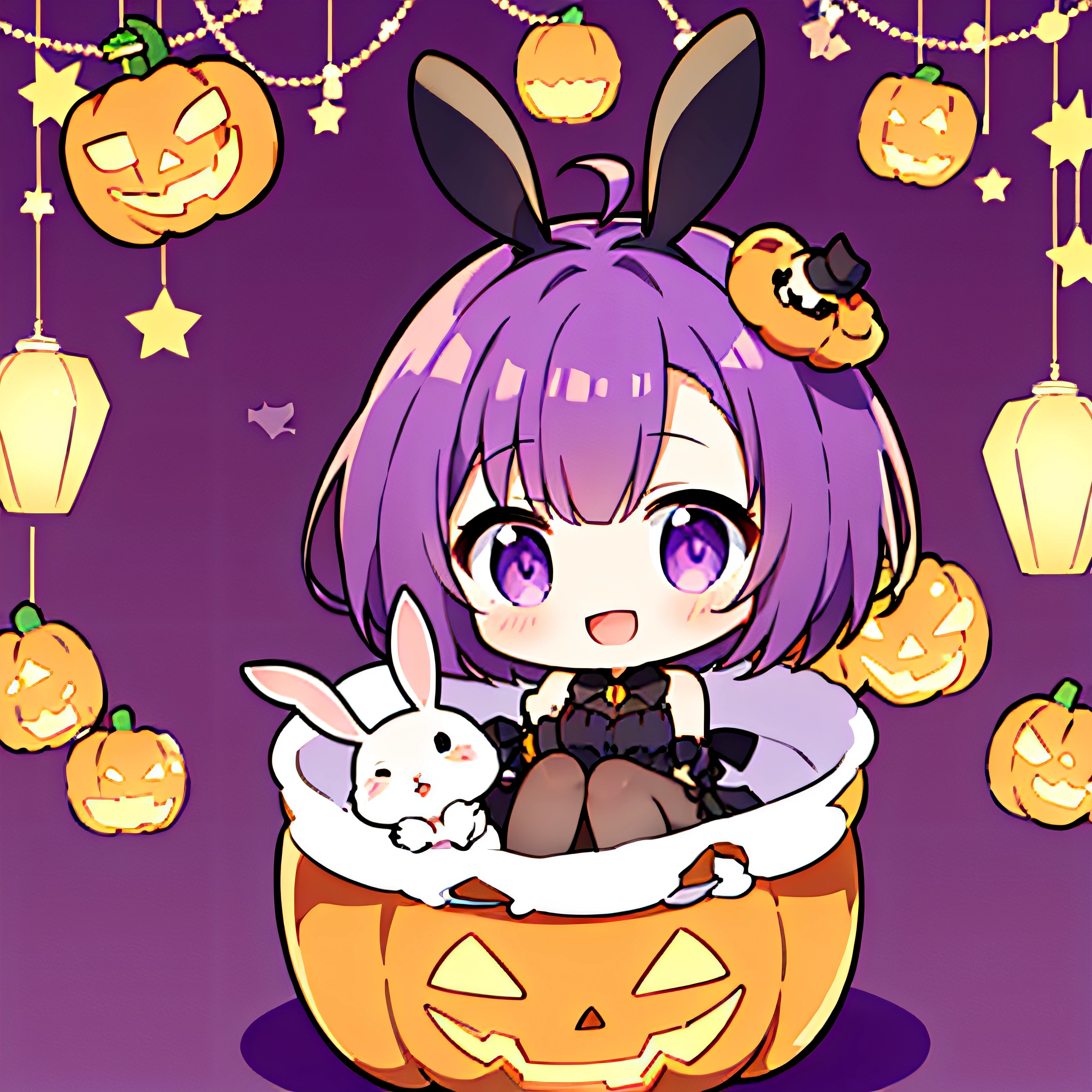 Spring and spring\(T7S\), (Top image quality, 8K, masterpiece, The ultra-detailliert: 1.2), scinematic angle, (Chibi:1.4),,(Dark purple hair:1.2)、(short-cut:1.1),
1girl in, 独奏, shinny skin, shadowy, Electric shadowy lights, 细致背景, (Rabbit Ear Parkerless:1.4),Opening Mouth, A smile, full body Esbian, look at viewr, (Halloween Backgrounds:1.2), :D, (Dressing rabbits with earwigs:1.2),Halloween