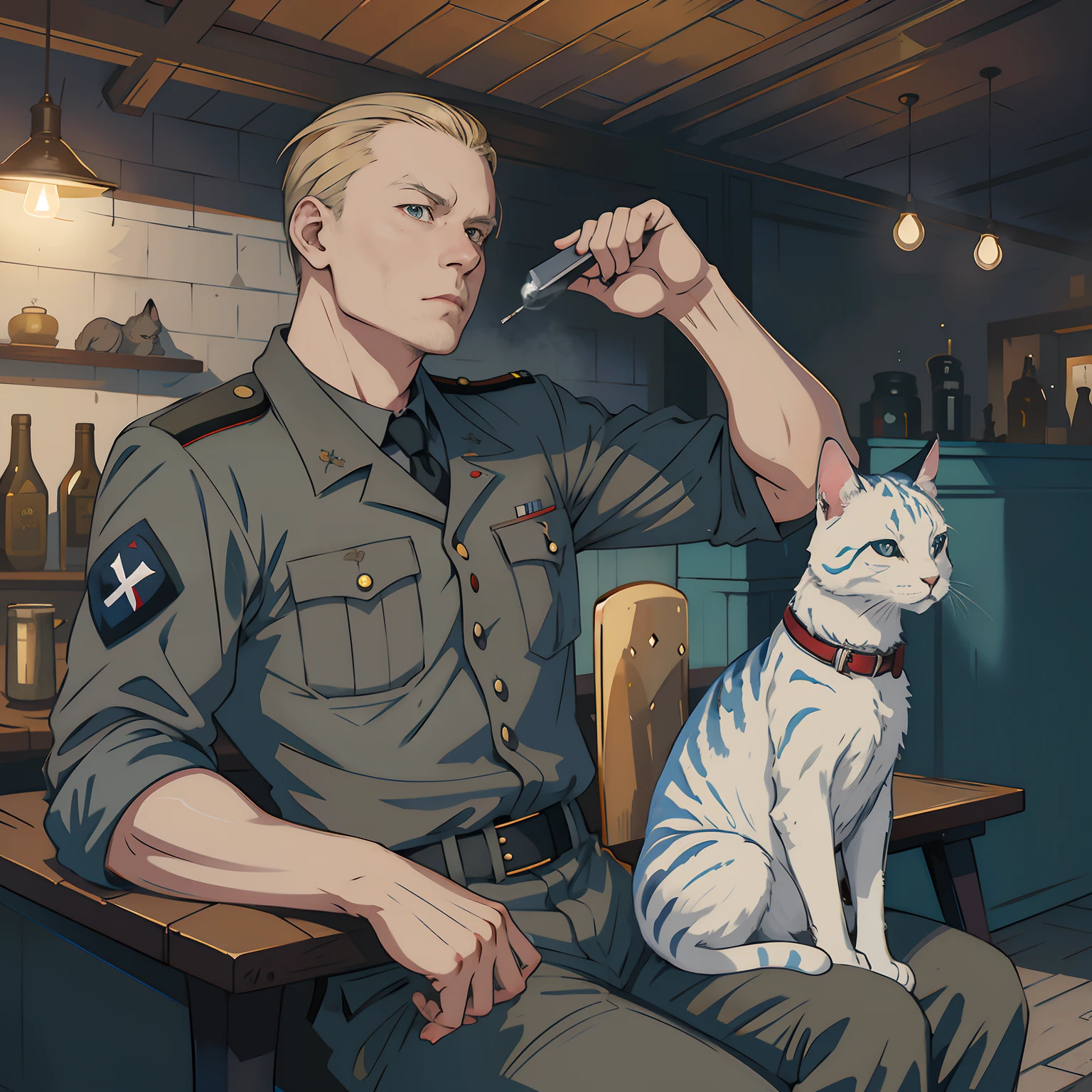 Anime character sitting in a chair with a cat and a cigarette, inspired by Armin Hansen, full color illustration, commission for high res, artwork in the style of guweiz, detailed fanart, anime maid ss military, based on Carl Eugen Kiel, based on Oscar Lüthi, inspired by Adolf Dietrich, full color digital illustration, commission for