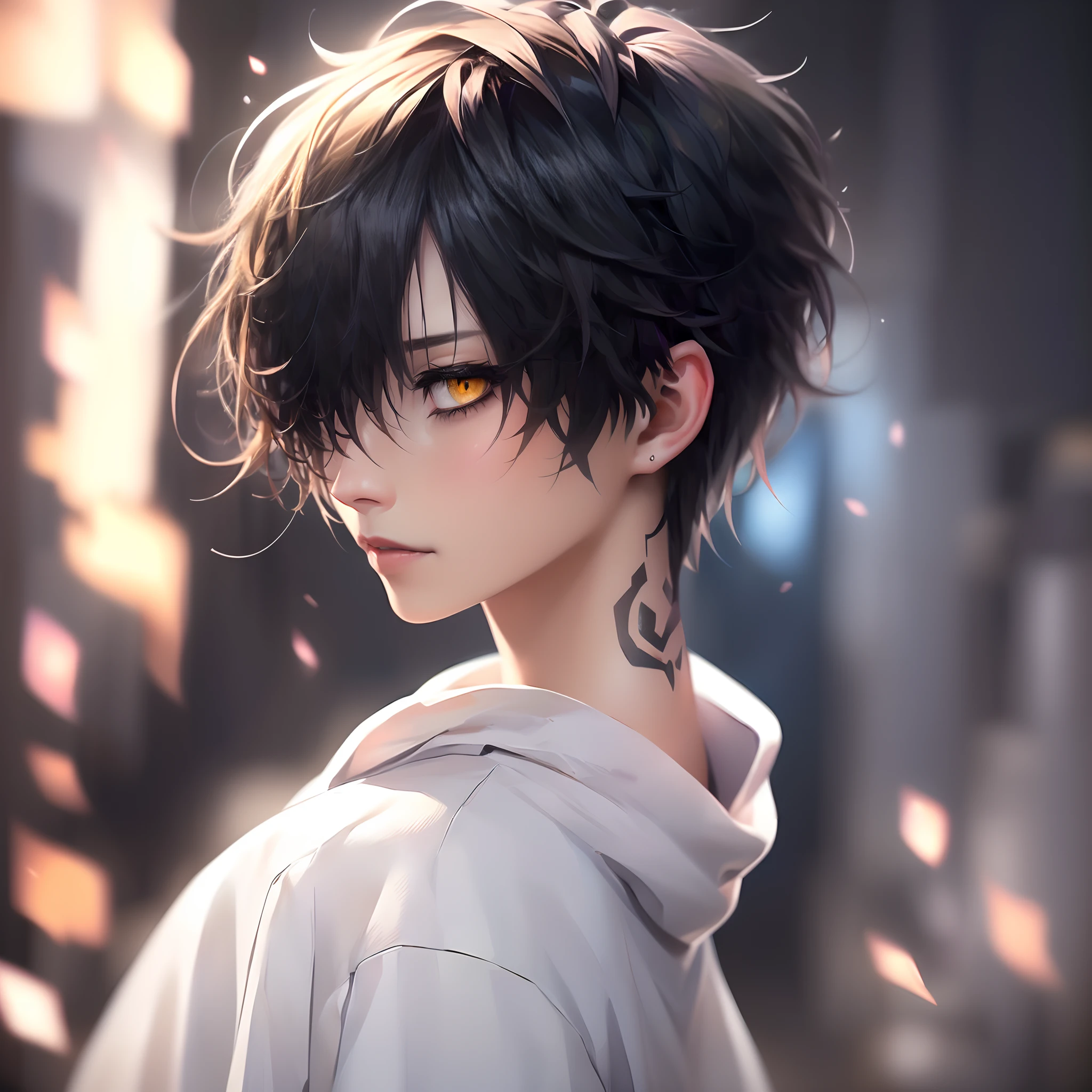 (4K works))、masterpiece、(top-quality)、black backgrounds、On the stairs of a deserted dark back alley、Korean Male、Adult male、((Adult 26 years old))、((Adult older brother))、((Face similar to Hyun Jin))、Cool Men、tall、((deadpan))、((I'm in a daze))、((Strong eyes))、((Wearing a white T-shirt and a hooded black jacket、White long trousers))、((smaller face))、Slim body、((hooligan))、((Black short-haired))、((Unkempt hairstyle))、((Both eyes are hidden by bangs))、((Yellow eyes))、((shot from a side angle))、((tattoo))、((His profile))、((Facing down))、((Shot alone))、((Solo Photography))、((Focus zoom in))、((Face enhancement))、((Shot close to the face))、((Face photography))、((Shot next to the face))、((profile))