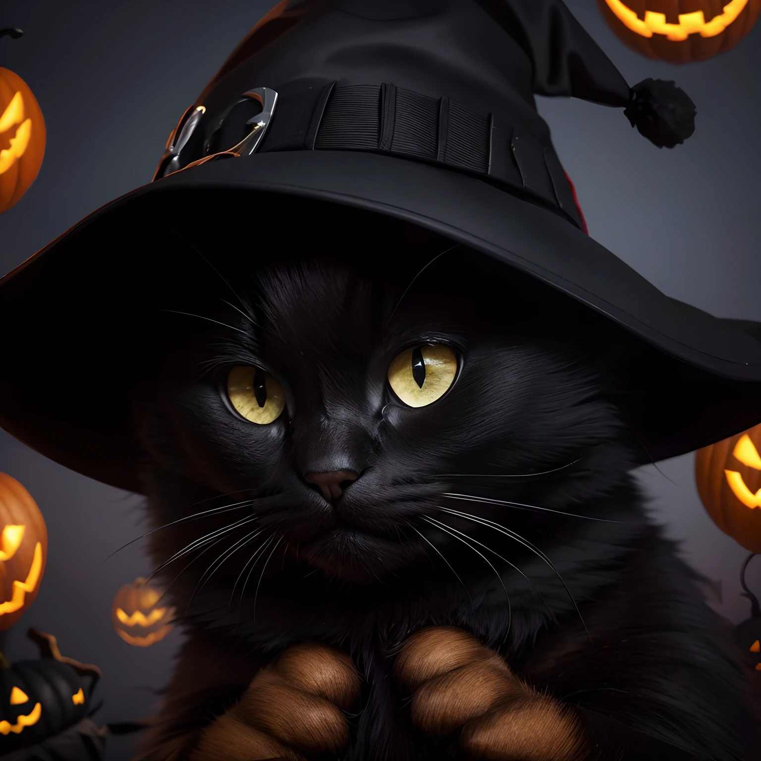 um gato preto com olhos pretos, A Serious Look
in a Halloween hat, um fundo com bruxas em vassouras voando pelo ar., Misterioso