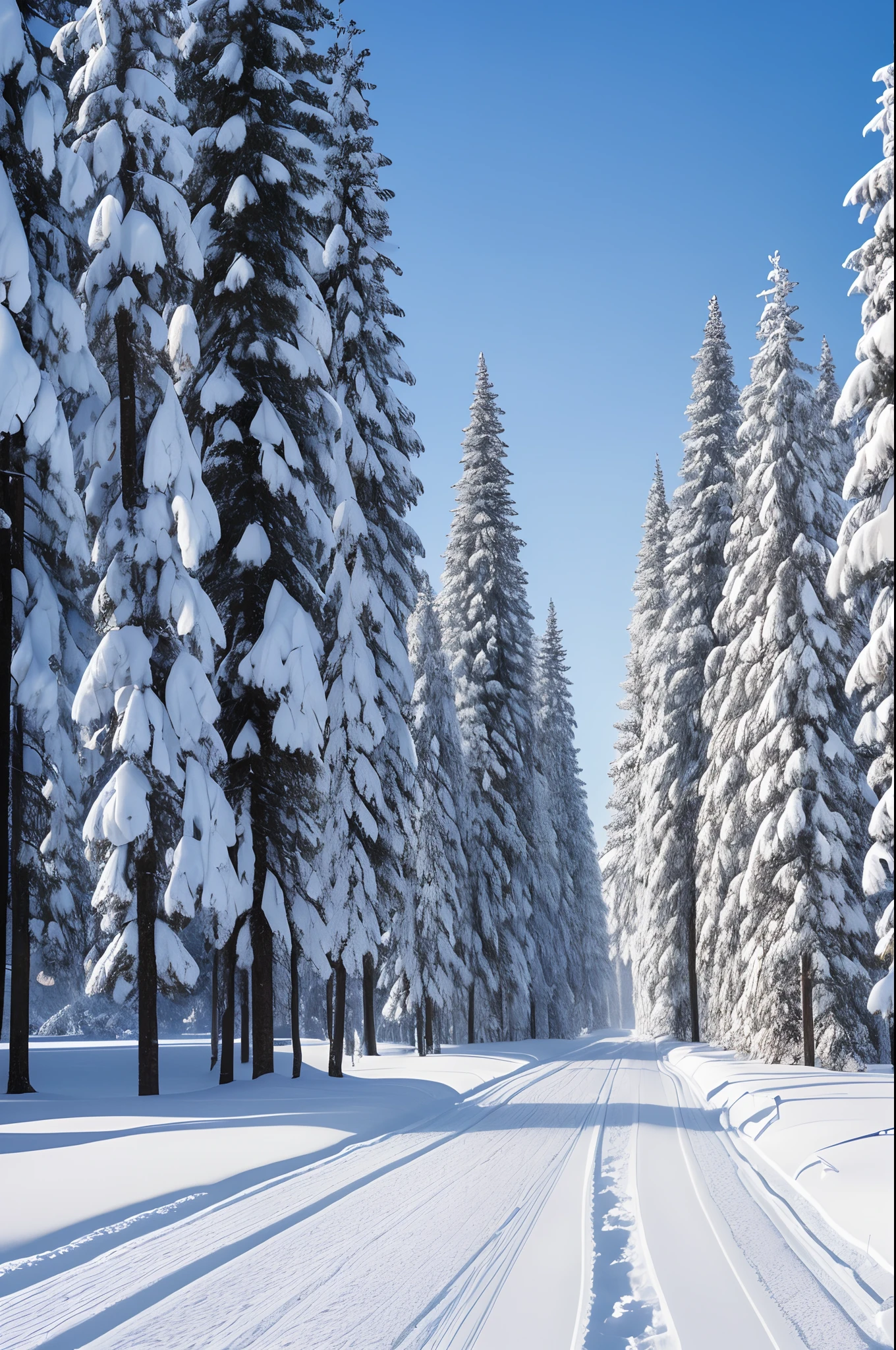 (best quality,8k,highres,photography:1.2),thick layer of snow covering the road, tall trees on both sides covered in heavy snow, dim and sunless sky, ultra-detailed, realistic lighting