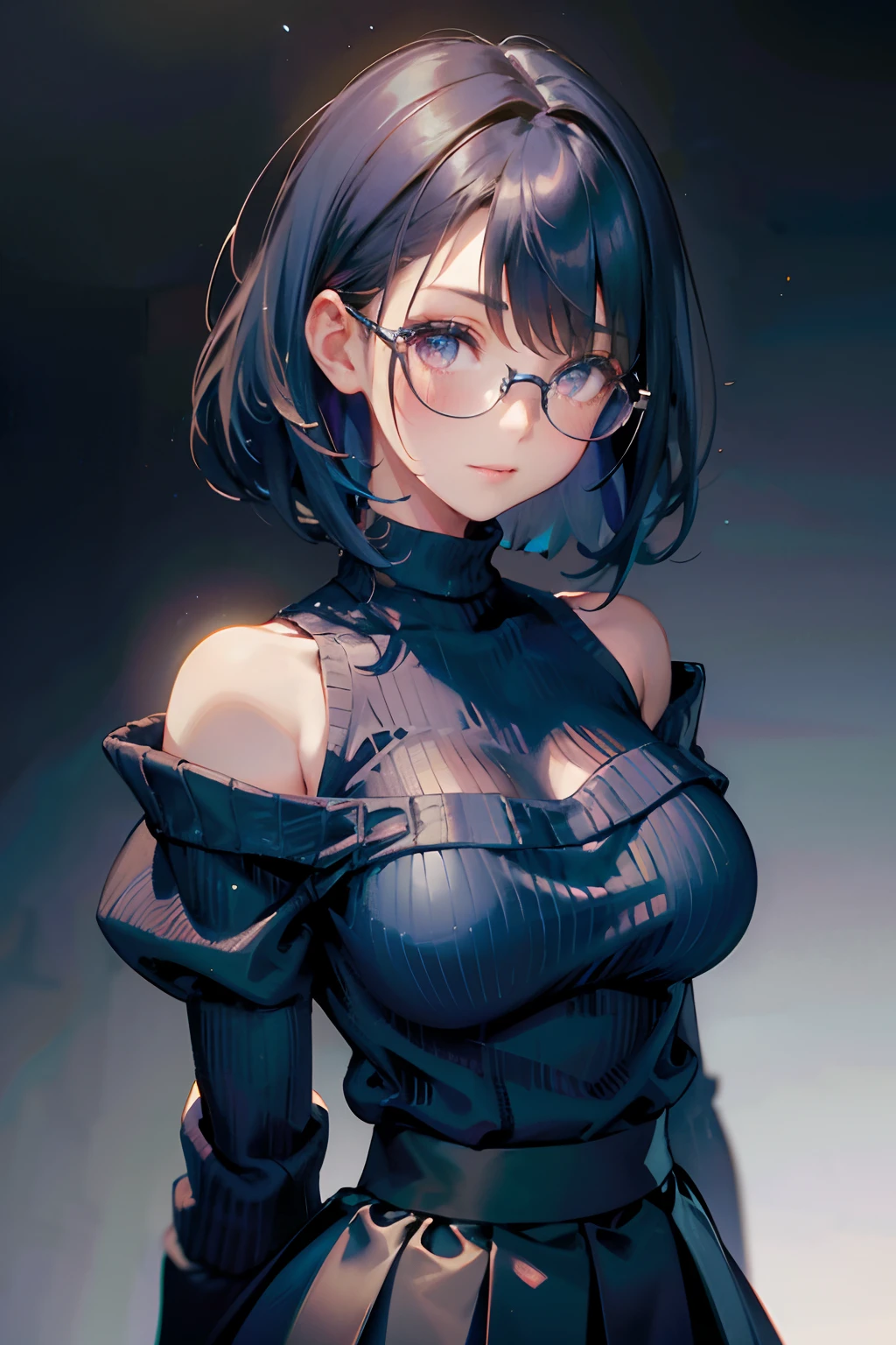 a 20 yo woman、Black-haired head hair、Bery short hair、Big smile、cleavage of the breast、Japanese clothes with open chest、(hi-top fade:1.3)、dark themed、Muted Tones、Subdued Color、highly contrast、(natural skin textures、Hyper-Realism、Soft light、sharp) Black skirt, (Blue sweater:1.5), Long sleeves, off shoulders, off-the-shoulder sweater, Puffy sleeves, Skirt, Sweaters, White ribbon，Wearing glasses，