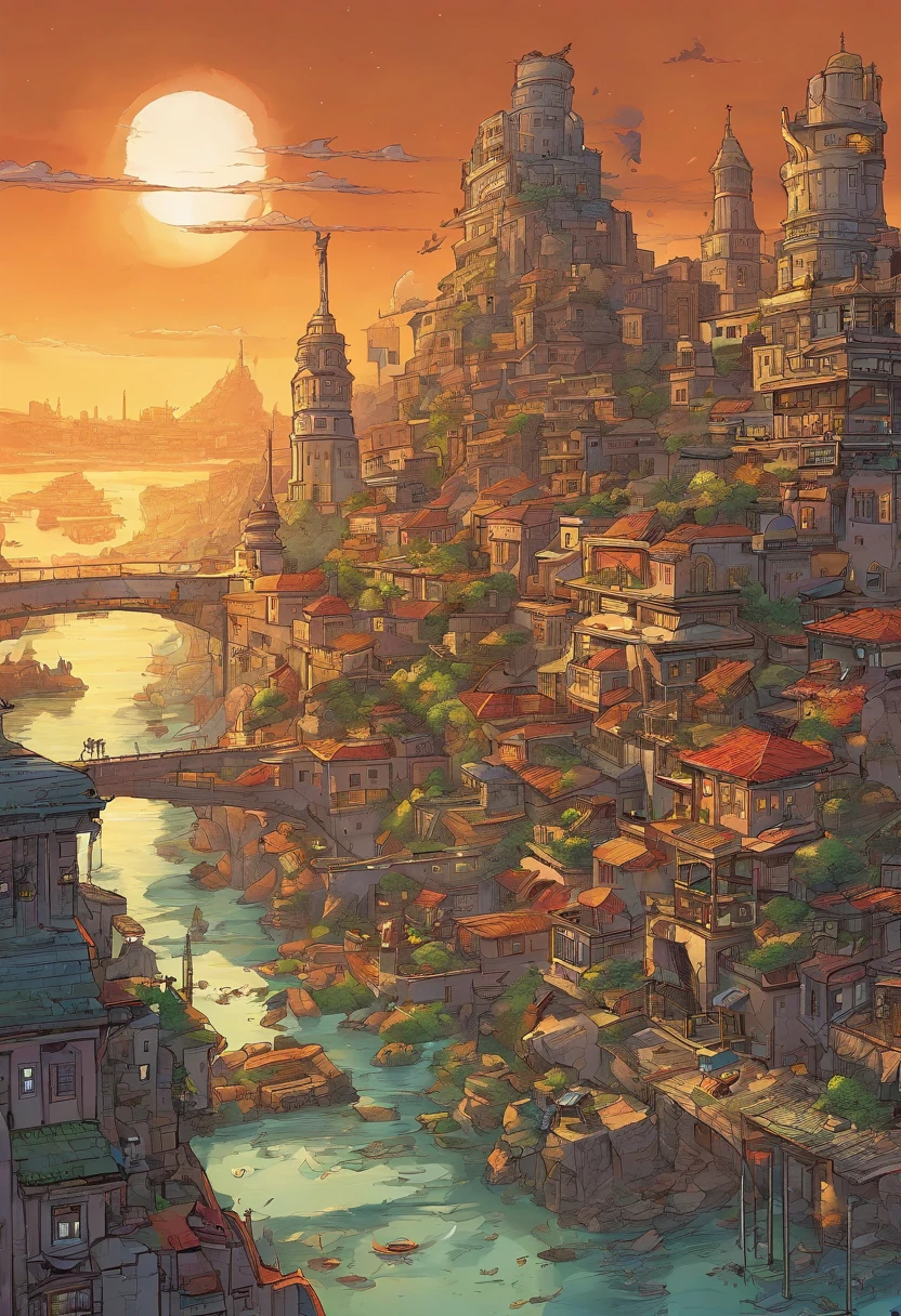 Futuristic cities、morning glow、Ruins、Huge floating fortress、