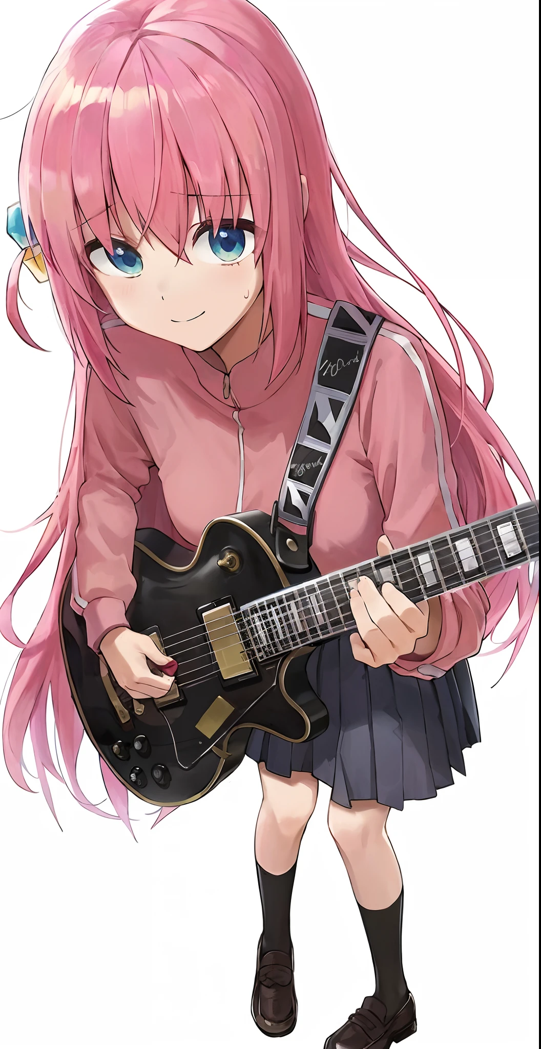 Anime girl with pink hair holding guitar,in a skirt, yuruyuri, anime best girl, Marin Kitagawa fanart, anime visual of a cute girl, guitar solo, (Anime girl), sakura haruno, anime moe art style, anime girl named lucy, plays the guitar, guitarists, Anime girl, anime peripheral, doki doki literature club, plays the guitar,side up