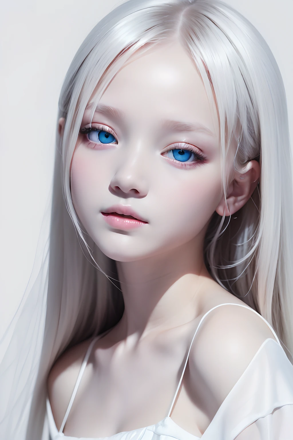 (((White background:1.3)))、Best Quality, masuter piece, High resolution, albino girl、(((1girl in))), sixteen years old,(((eyes are white:1.3)))、robe blanche、((White shirt:1.3、White Block Dress)), Tindall Effect, Realistic, Shadow Studio,Ultramarine Lighting, dual-tone lighting, (High Detail Skins: 1.2)、Pale colored lighting、Dark lighting、 Digital SLR, Photo, High resolution, 4K, 8K, Background blur,Fade out beautifully、a white world、White background