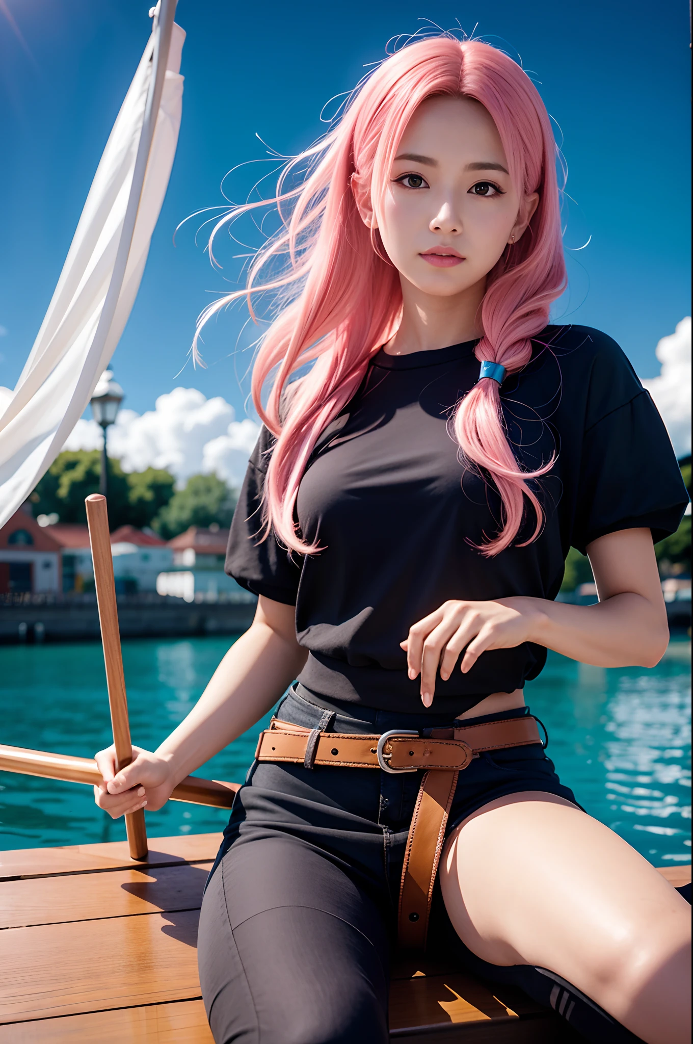 high quality, 8K Ultra HD, best detail, A digital illustration of anime style, digital anime paintings of her, soft anime tones, Feels like Japanese anime, ARIA, Detailed illustration of Akari Mizunashi rowing a gondola, Pink hair, long hair on the sides, using hair clips, Venetian scenery, luminism, Albert Anker, Feeling like Kyoto Animation, Greg Rutkowski, Artgerm, WLOP, Alphonse Beeple, pixiv, luminism, 3d render, octane render, Isometric, by yukisakura, awesome full color,
