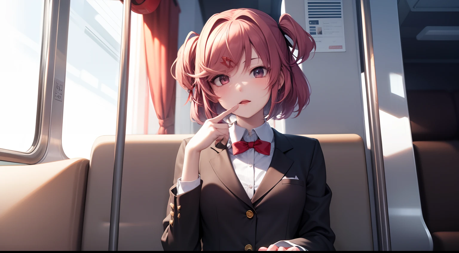 masterpiece, best quality, high quality,Natsuki, 1girl, solo, famale focus, upper body, looking at vier, Sitting On The Train, (Best Quality)
