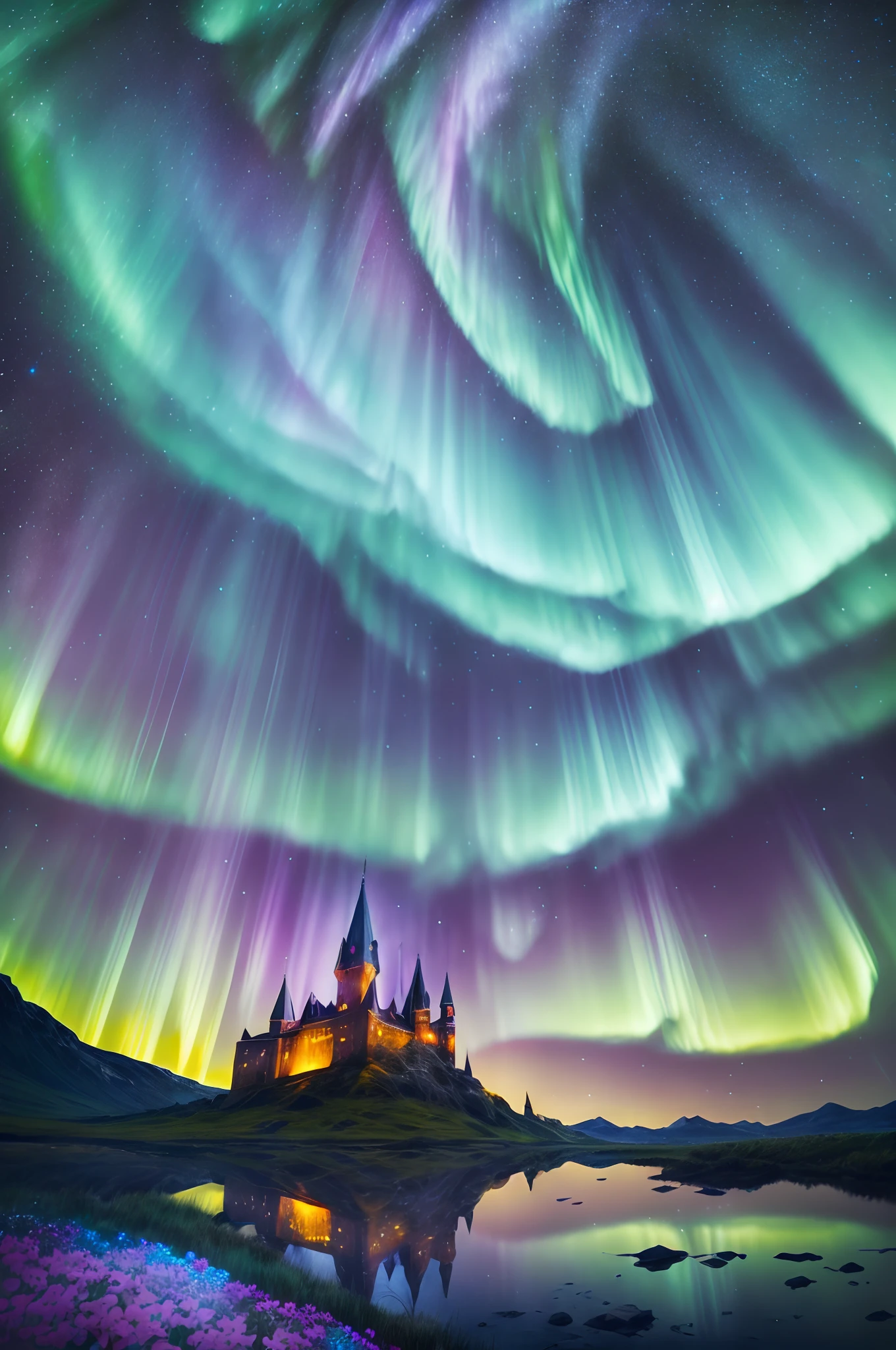Hogwarts School of Witchcraft and Wizardry is protected by powerful spells, (Best quality, 8K, A high resolution,Masterpiece:1.2), A large magic school with towers and domes, Surrounded by green fields and lakes, (The school is shrouded in magical auroras: 1.5)，Protect it from intruders. The sky is filled with the Northern Lights and stars, Neon Star，Around the flowers，truth， expecting， Depth-of-fie， insight， Understood， mont， The Milky Way is lush, Translucent clouds， spectrum， in a panoramic view， Interstellar cycles， cycle， portal， Mare， extreme light， The Global Northern Lights，The sky is covered in the beautiful Northern Lights