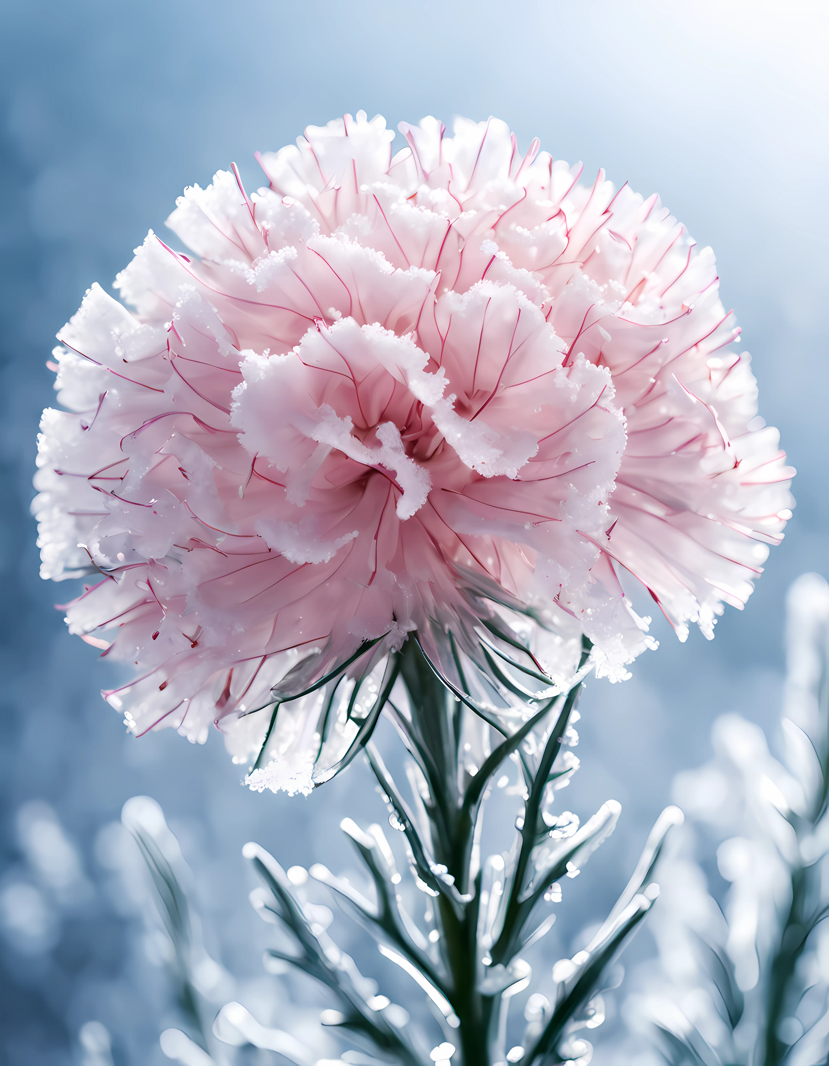 Cute Cartoon,CuteCartoonAF, an enchanting macro shot of early (rime ice:0.1) delicately forming on a single, slender stalk of a carnation flower. The intricate (ice crystals) embrace the bloom, capturing the subtle magic of a frosty morning. Microscopic wonder, frozen delicacy, botanical enchantment, ice-kissed carnation, nature's detail, anime realism, perfect illustration