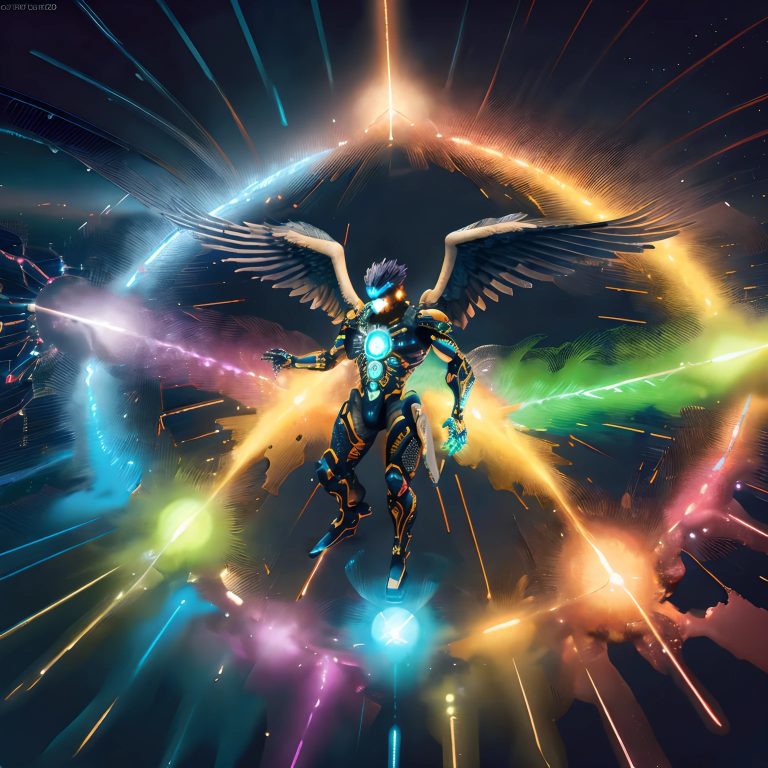 /Imagine a lonely anime ""ciborgue DEMONIAC Genos"" silhueta em um mundo ciber-espacial, Multiple lines of bright and colorful pale neon motherboard circuit design in cyberspace, Atomic Nuclear Proton,Intricate detail on explosions energy background, cinemactic, comovente, triste, Mystical-twisted eagle, alinhado ao centro, uso de pinceladas pequenas, pouco granulado, 8k