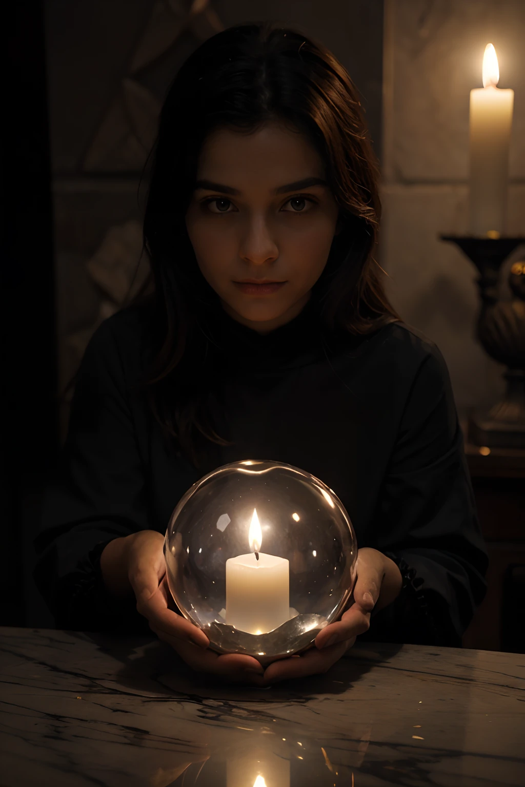 Uma velha bruxa senta-se numa cadeira Kadilau ao fundo，Ela estava segurando um corvo Soniste, On the table in front of him was a crystalline crystal ball, There is a mysterious illusory world in the crystal ball，Algumas velas foram acesas ao lado，Look sideways at the camera, pensativamente，Packed in sheets, eremita, Marble statue of, Deep octane rendering, Candlelight lighting, Barroco, European, anatomicamente correto, super detalhado
