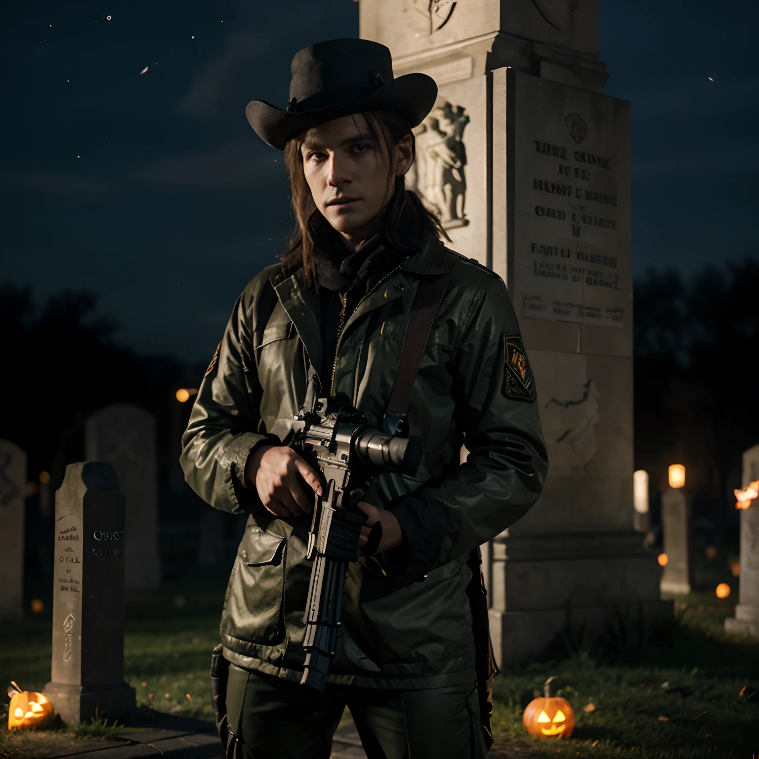 8k, Best quality, Masterpiece, hallowen soldat, arme , fusil FAMAS, Irish Fairy Fancy Dress, nuit ,Burns Cemetery
