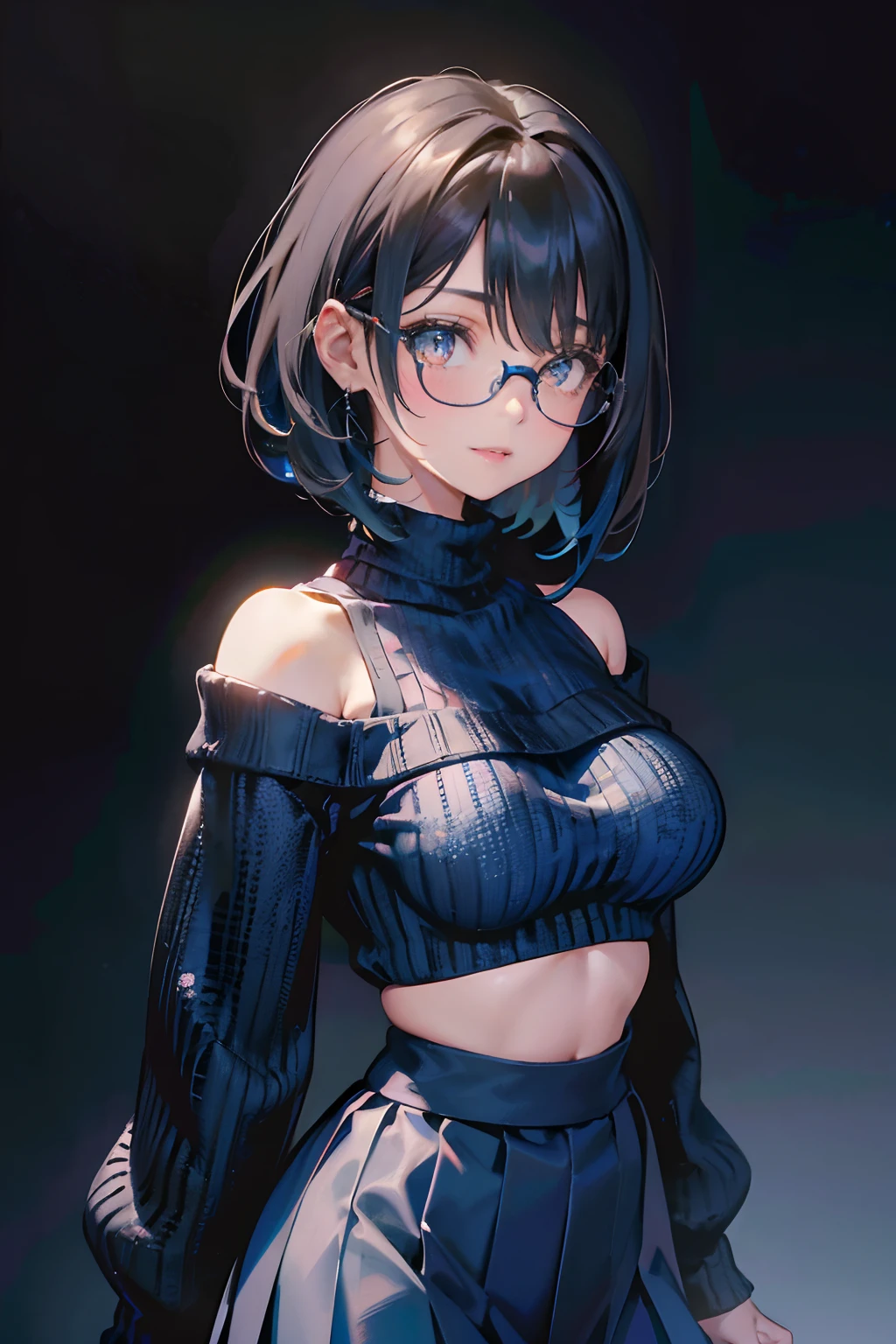 a 20 yo woman、Black-haired head hair、Bery short hair、Big smile、cleavage of the breast、Clothes with open chest、(hi-top fade:1.3)、dark themed、Muted Tones、Subdued Color、highly contrast、(natural skin textures、Hyper-Realism、Soft light、sharp) Black skirt, (Blue sweater:1.5), Long sleeves, off shoulders, off-the-shoulder sweater, Puffy sleeves, Skirt, Sweaters, White ribbon,Wearing glasses,