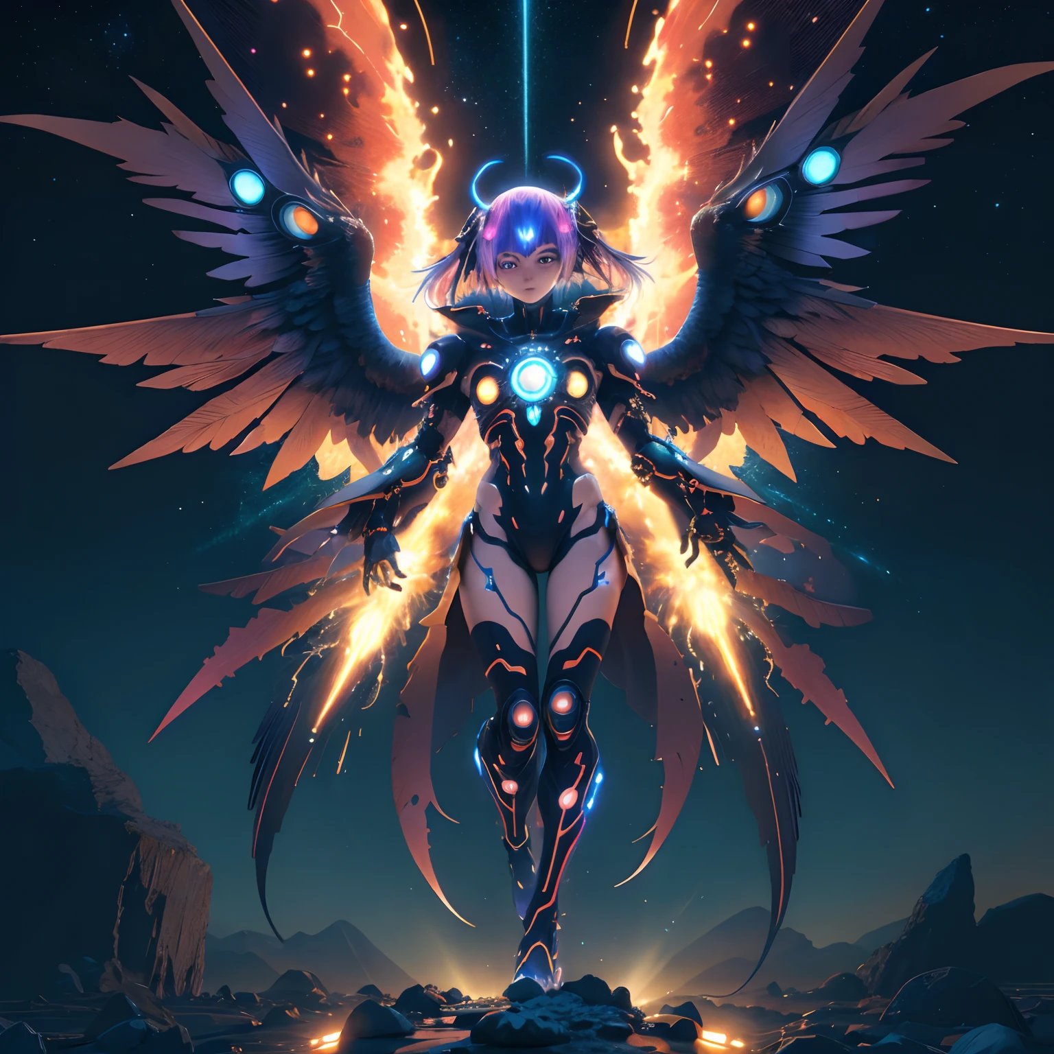 /Imagine a lonely anime ""ciborgue DEMONIAC Genos"" silhueta em um mundo ciber-espacial, Multiple lines of bright and colorful pale neon motherboard circuit design in cyberspace, Atomic Nuclear Proton,Intricate detail on explosions energy background, cinemactic, Comovente, triste, Mystical-twisted eagle, alinhado ao centro, uso de pinceladas pequenas, pouco granulado, 8k