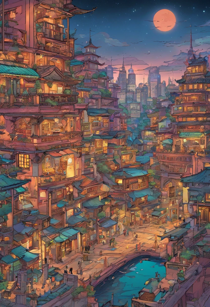 Futuristic cities、mid night、Ruins、Huge floating fortress、crescent