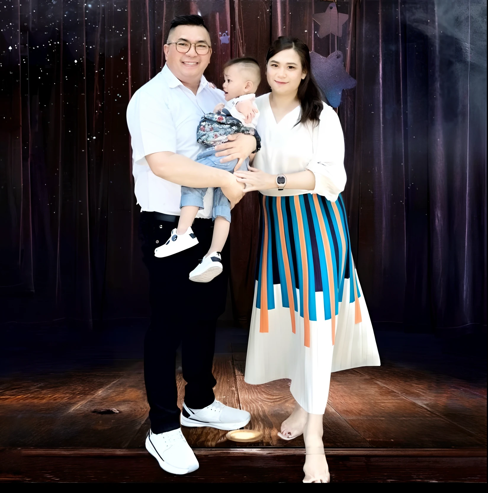 there is a man and woman holding a baby in a photo, happy family, husband wife and son, full body photograph, basic background, inspired by Ding Yunpeng, full body photogenic shot, family photo, backdrop, full body xianxia, inspired by Eddie Mendoza, 2019 trending photo, fanart, yanjun chengt, clean background