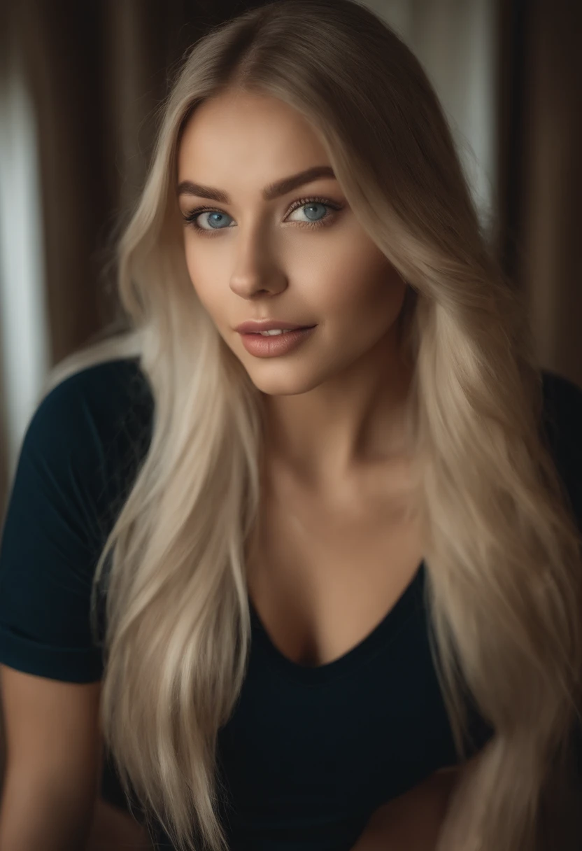 A woman in a matching t-shirt and panties, Sexy girl with blue eyes, portrait sophie mudd, Portrait of de Corinnne Kopf, Blonde hair and big eyes, Selfie einer jungen Frau, Макияж Without, Natural makeup, Blick direkt in die Kamera, Gesicht mit Artgram, dezentes Make-up, Excellent full-body photography, in einem Raum, big boobs, Blond, Latein, Breasts exposed, Hemdloses Hemd, Titten raus, Brust raus,