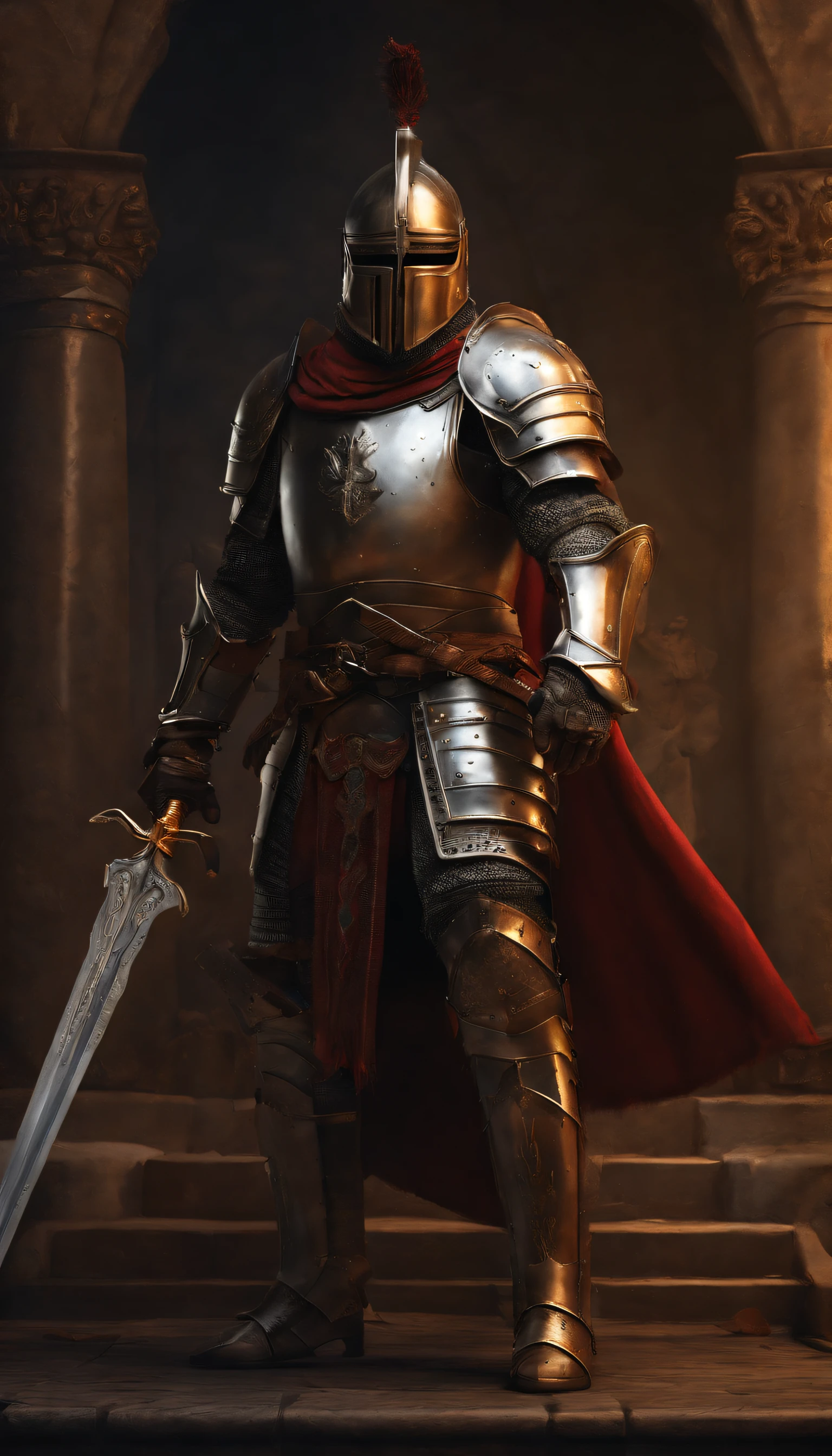 A man in armor stands in the hall with a sword, full portrait of magical knight, ares with heavy armor and sword, Fantasy warrior in full armor, paladin golden armor,There are demon horns on the helmet,Blood-red glowing eyes,for honor charector concept art, knight armored in red, Epic Paladin armor, holy crusader medieval knight,fully body photo