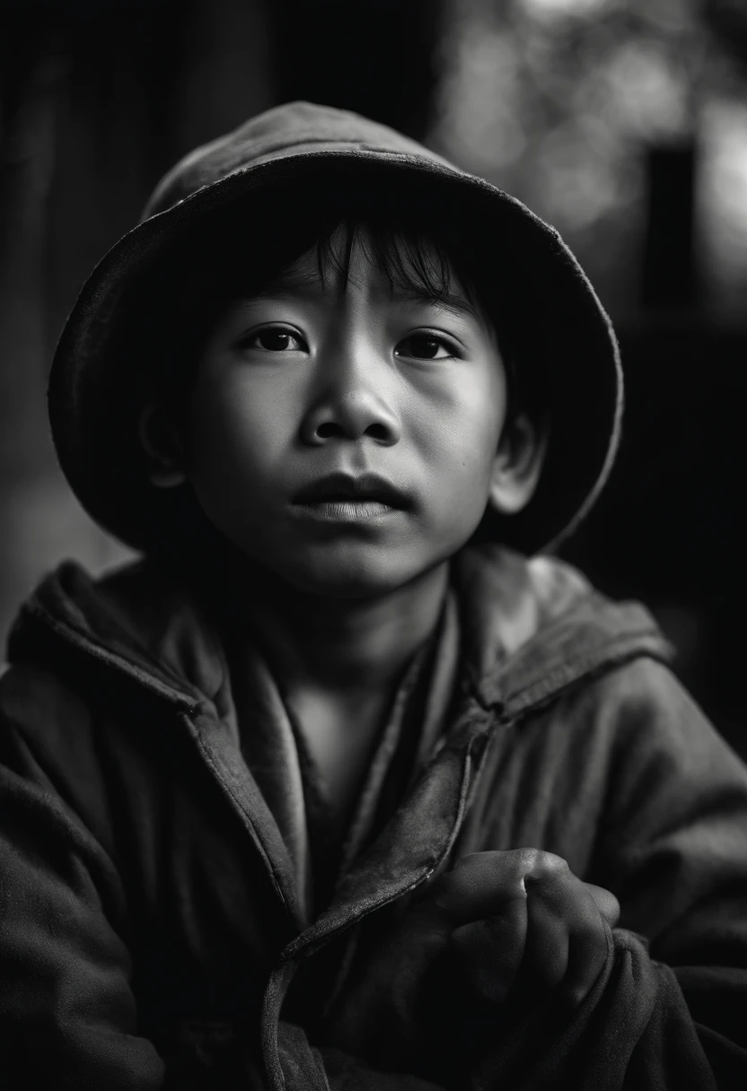 Japanese Child 9 Years Old Male Face Of Poor Man Black And White Photo