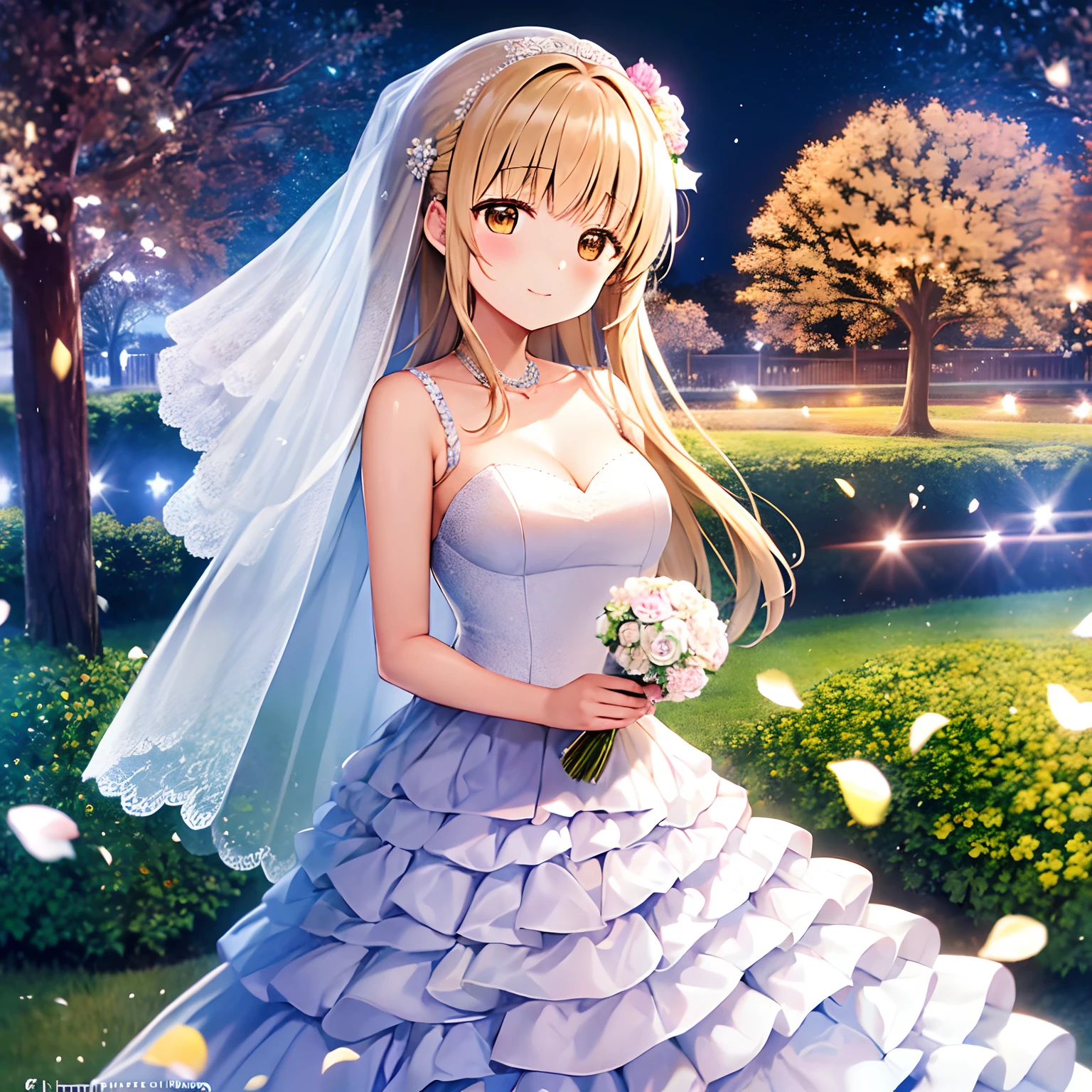 Shiina mahiru, wedding dress, holding flower, bokeh potrait, flower garden, blue sky, 4k, masterpiece