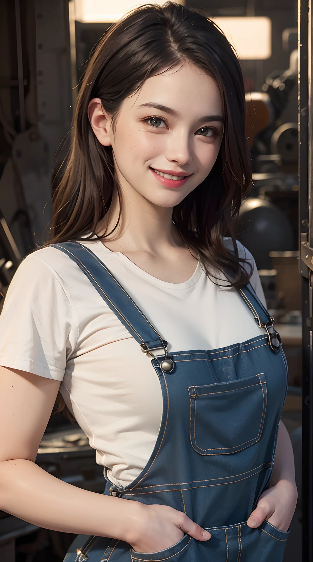 (best quality,4k,8k,highres,masterpiece:1.2), ultra-detailed, (realistic,photorealistic,photo-realistic:1.37), (beautiful detailed eyes, beautiful detailed lips, extremely detailed eyes and face), studio lighting, physically-based rendering,vivid colors, (big tits, super big tits, super extra big tits:0.8), (military mechanic's overalls:1.5), (soft lighting:0.8), (portrait, smile and laugh:1.5),