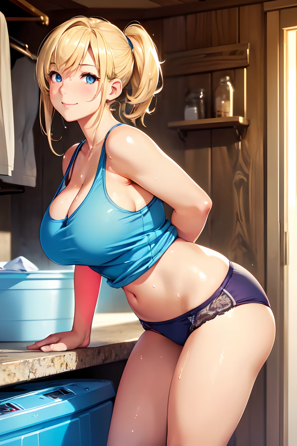 (High quality, High resolution, Fine details, Realistic), Laundry room, ((leaning forward, Side view)), Tank top, Underwear, solo, Adult Woman, Blonde hair, (sparkling eyes, Detailed eyes), smile, blush, Large breasts, Sweat, Oily skin, Shallow depth of field, full body portrait
