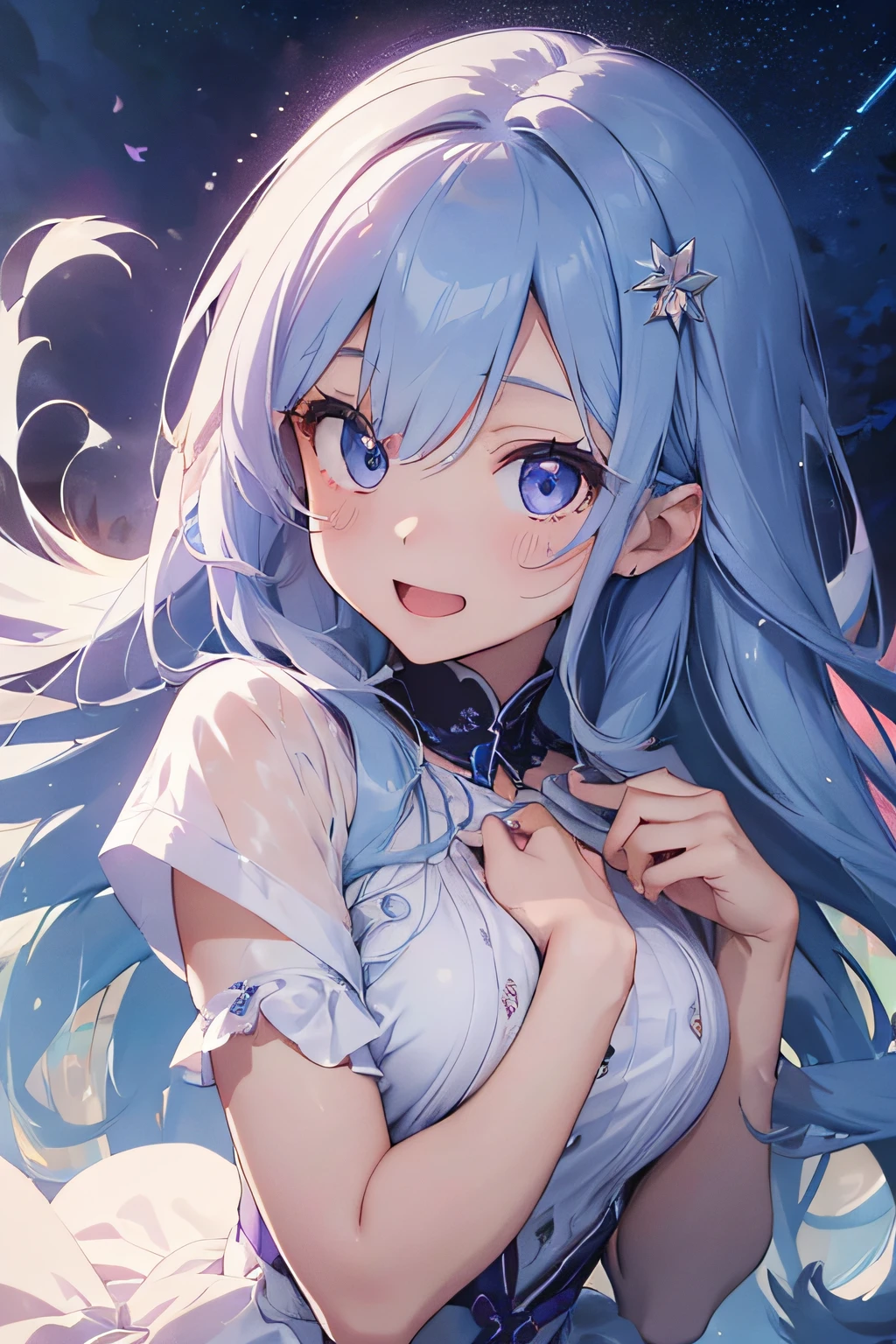 Beautiful fece, ​masterpiece, top-quality, hiqcgbody, animesque, 1girl in, Medium chest, portrait shot, Look at viewers,Close one eye、Wink、Laughing with open mouth、huge smile、wetted skin, intricate detailes,>,((coverd)a closeup, straight-on, adult lady,Very long hair swaying in the wind、 The chest is fluttering、Princess in white and purple dress.:1.4、Light blue hair、Her eyes shone like dreamy stars(radiant eyes:1.233)、(beautifully detailed eyes:1.1)、The background is fixed in plain white、[[Delicate fingers and hands:0.55]::0.85]、(detail finger)、Light blue eyes、Light blue hair、Eyelift