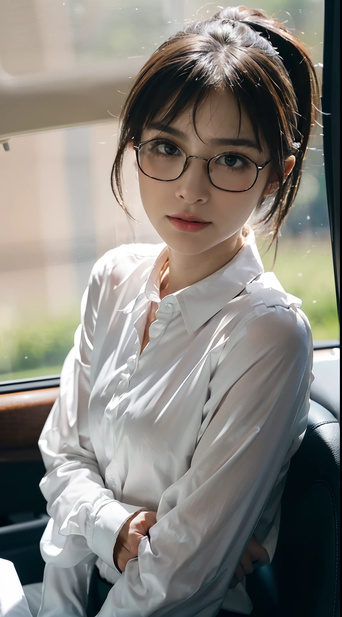 ((Small underboob)), (shoulder length straight short hair:1.1),Upper body, （Extremely meticulous CG 8k wallpaper），（Extremely refined and beautiful），（Masterpiece），（best qualtiy：1.0），（Ultra High Resolution：1.0），beautiful light up，Perfect lightning，realistic shaded，[A high resolution],(Smooth and flawless fair skin:1.5),Extremely exquisite facial details,(perfect body：1.1），ultra - detailed，A beautiful girl,small head,(short ponytail:1.3),glasses,(Small breasts:1.1)，Flat chests，slim，thin，Smile，cheerfulness,(white collared long sleeved shirt:1.4),(black pants:1.3),late autumn，Morning,in a spacious private car,A female driver,sitting,(Looking at the front window:1.3),(Placing both hands on the steering wheel:1.3),(Honda Steering wheel:1.3),intently driving car,(close-up of face:1.5),from side,late autumn